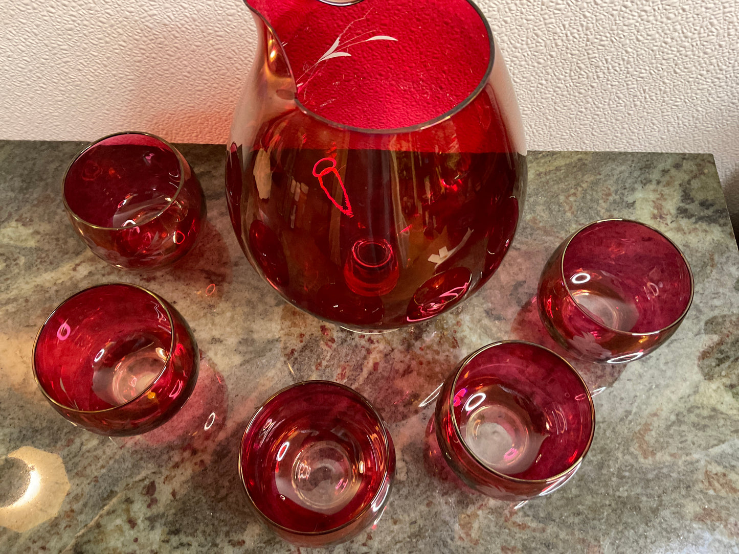 MCM Aynsley Cranberry Flower Pitcher and 5 Roly Poly Glasses
