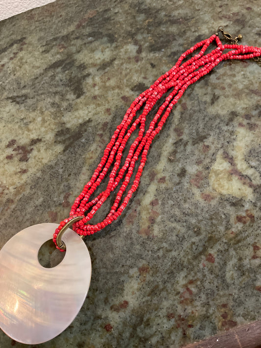 Vintage Coral Necklace with large Shell Pendant
