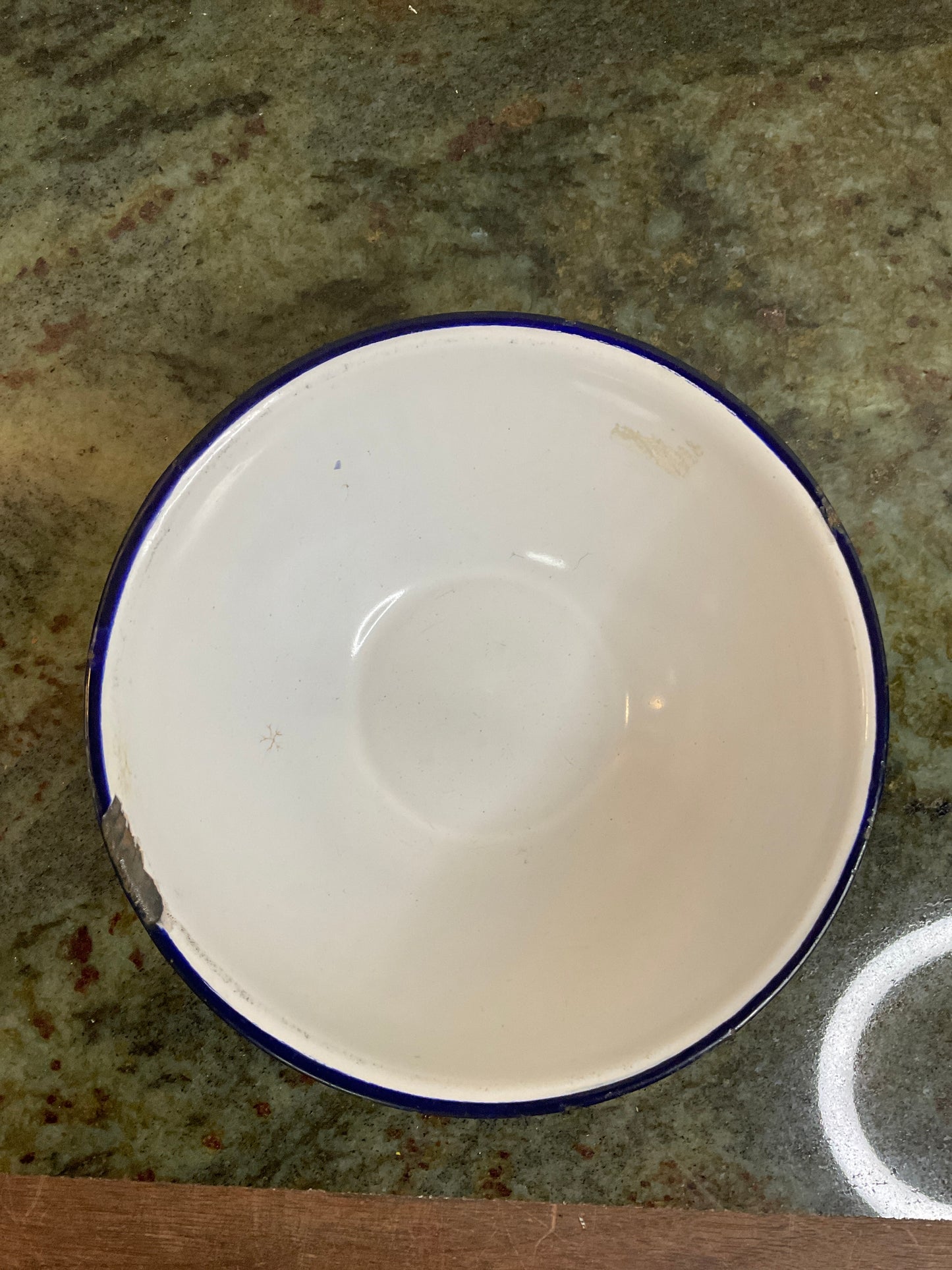 Vtg White Enamel/Blue Rim Small 6” Bowl