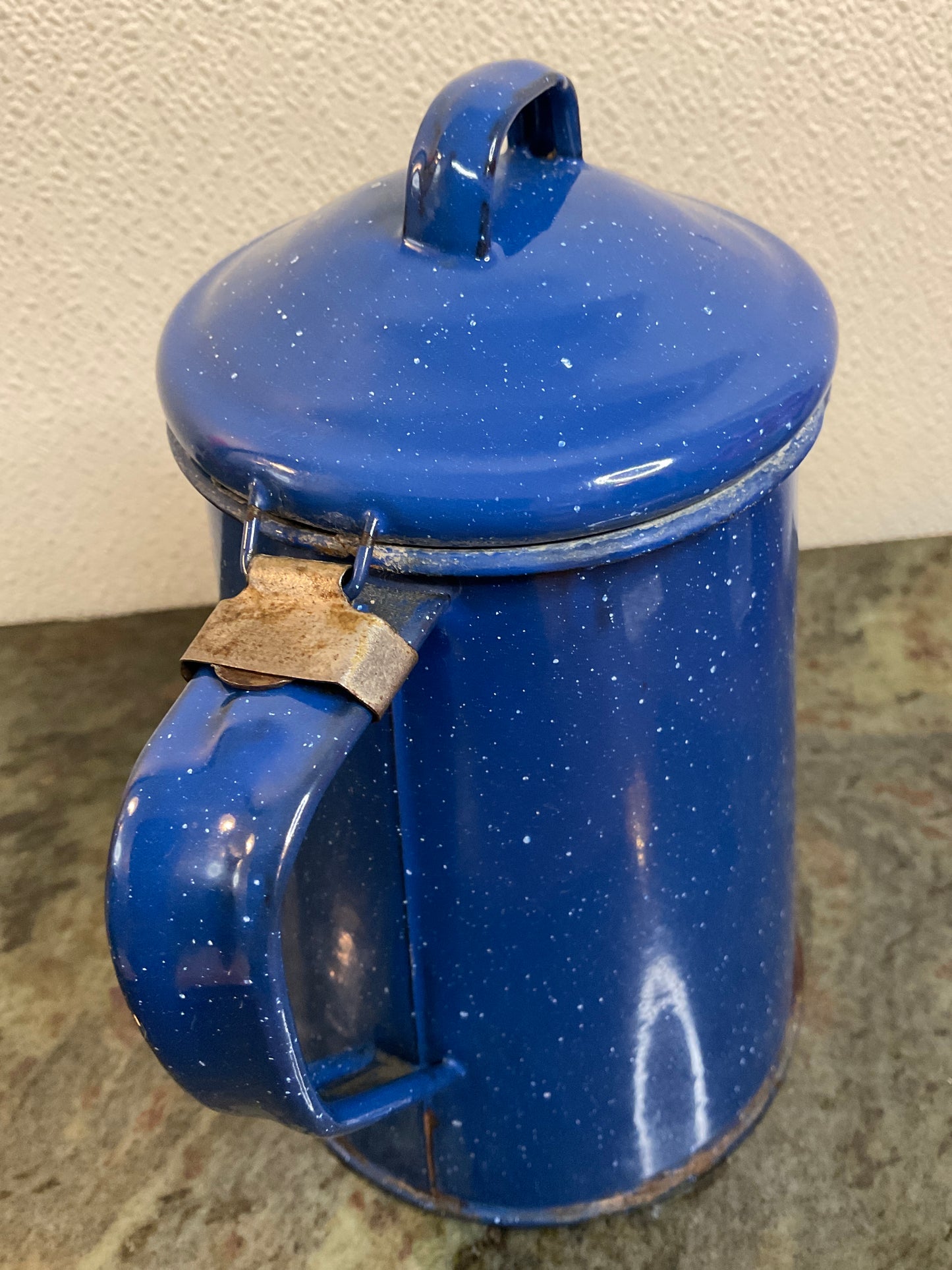 Blue Speckled Enamelware Coffee Pot