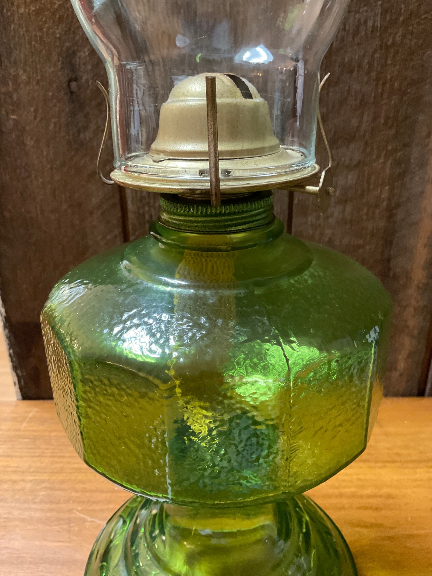 Vintage Oil Lantern with Green Base & Top of Chimney