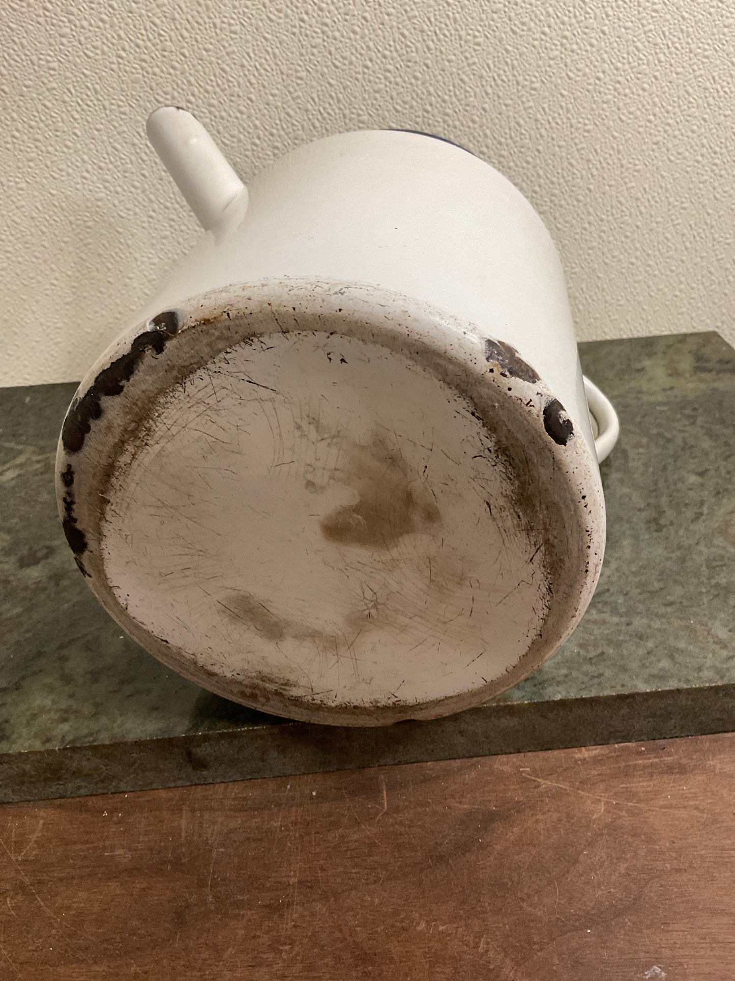 Antique White Enamel Coffee Pot/Tea Kettle with Blue Rim