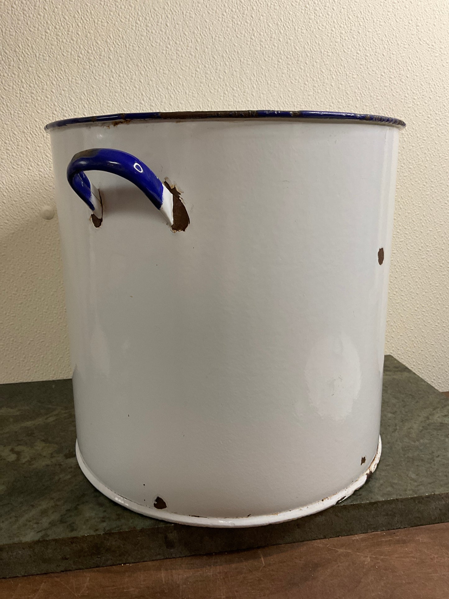 Vintage White Enamel Bread Pot with Blue Rim