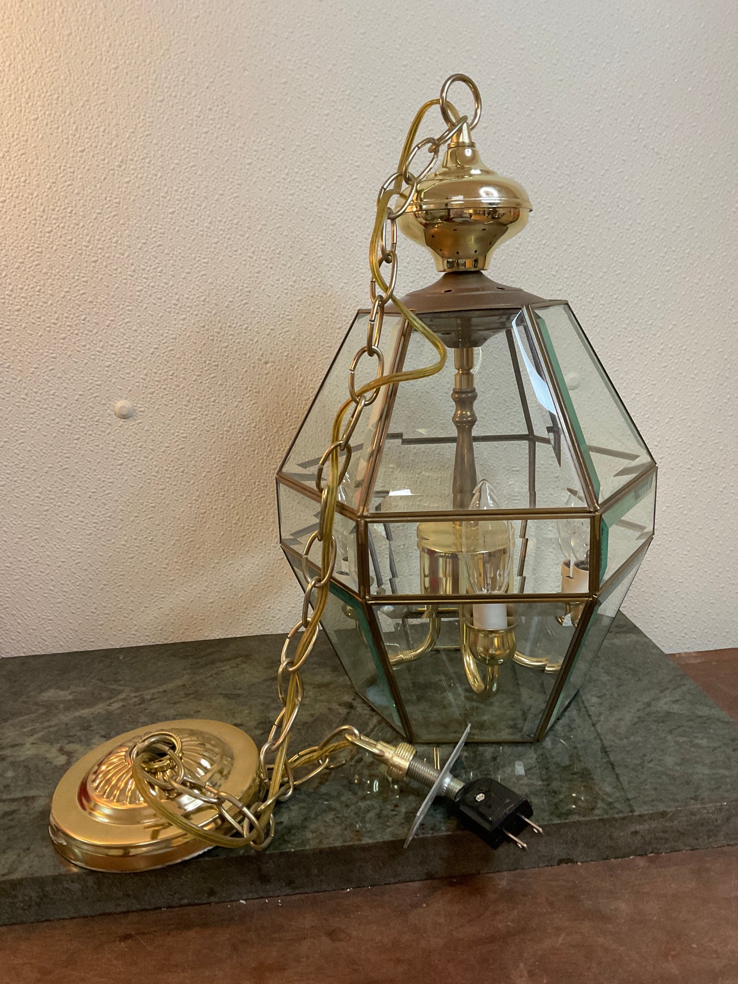 Hexagonal Brass/Beveled Glass Ceiling Fixture