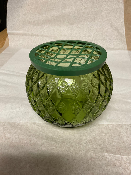 Vintage Avocado Green Round Glass Vase in textured diamond pattern with plastic flower grid/holder