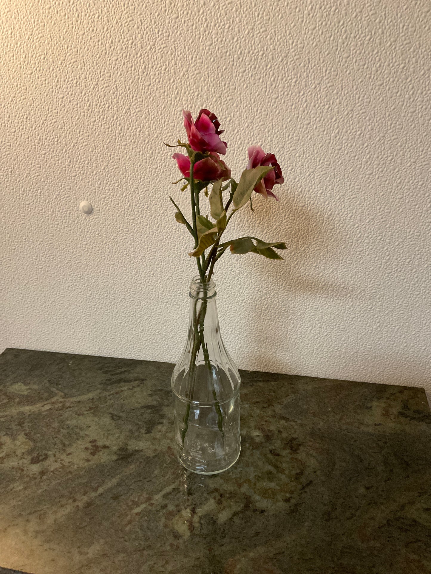 Three Hand Painted Glass Roses In clear Bottle
