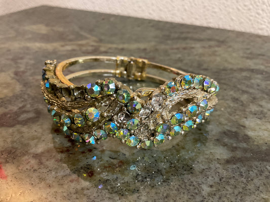 Vintage Gold-Tone Hinged Clamper Bracelet with Iridescent Rhinestones