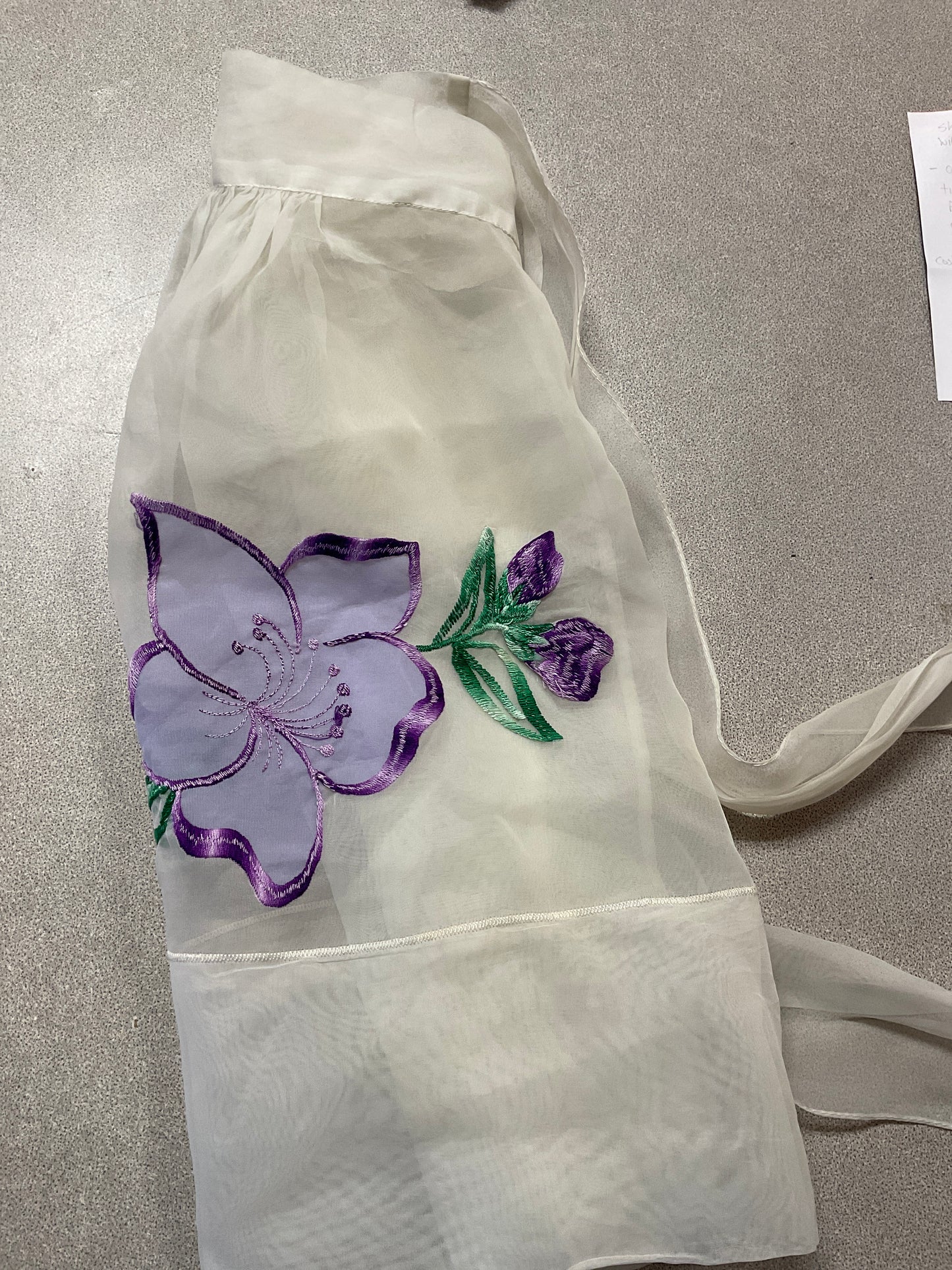 Sheer white Apron with Purple Flowers