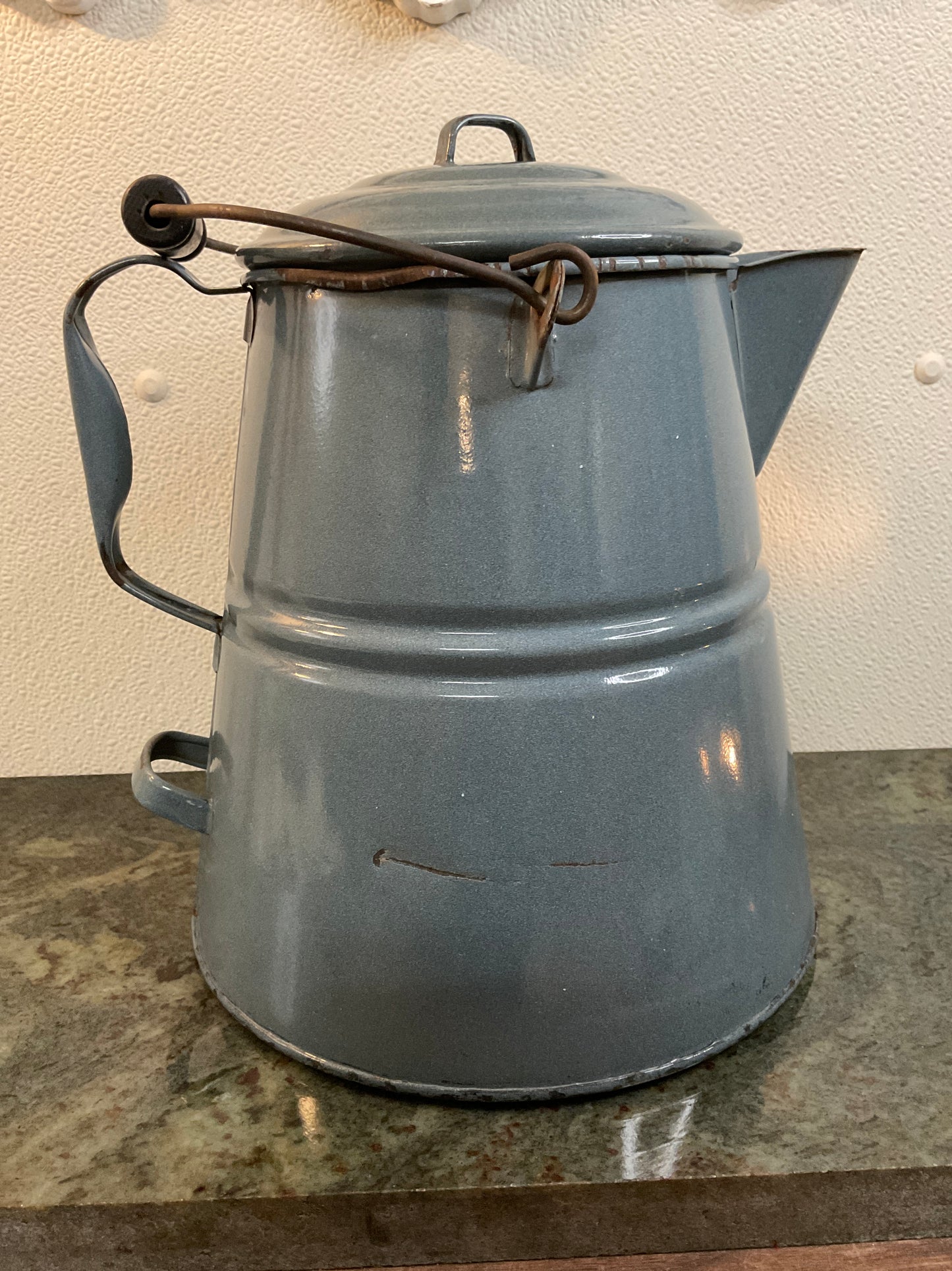 Vtg Gray Enamel Kettle Pot