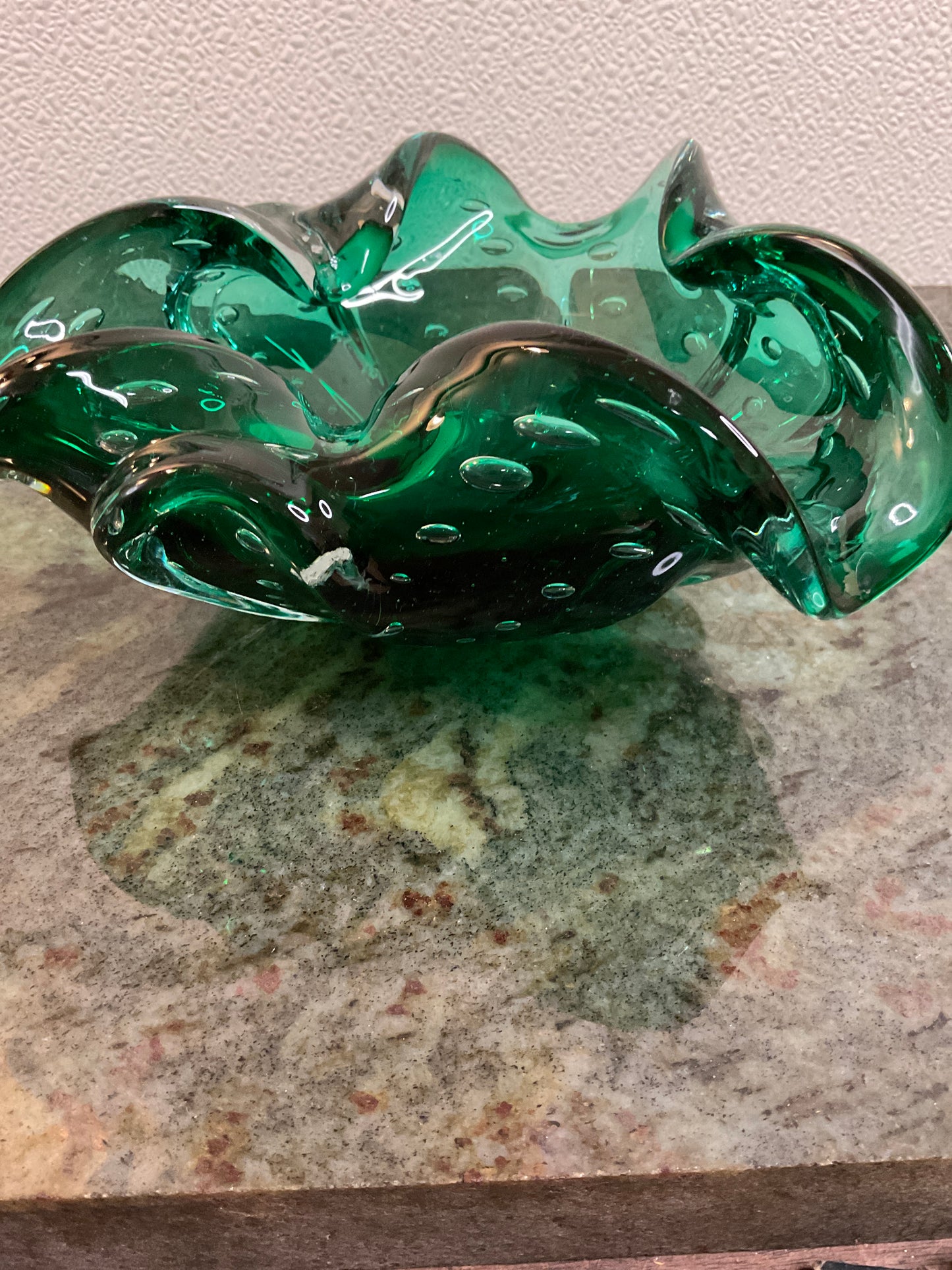 Vintage Murano Emerald Green 1950’s Contolled Bubble Glass Ashtray