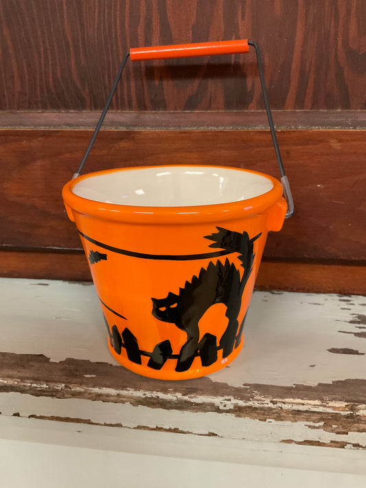 Ceramic Halloween Pail & Black Cat