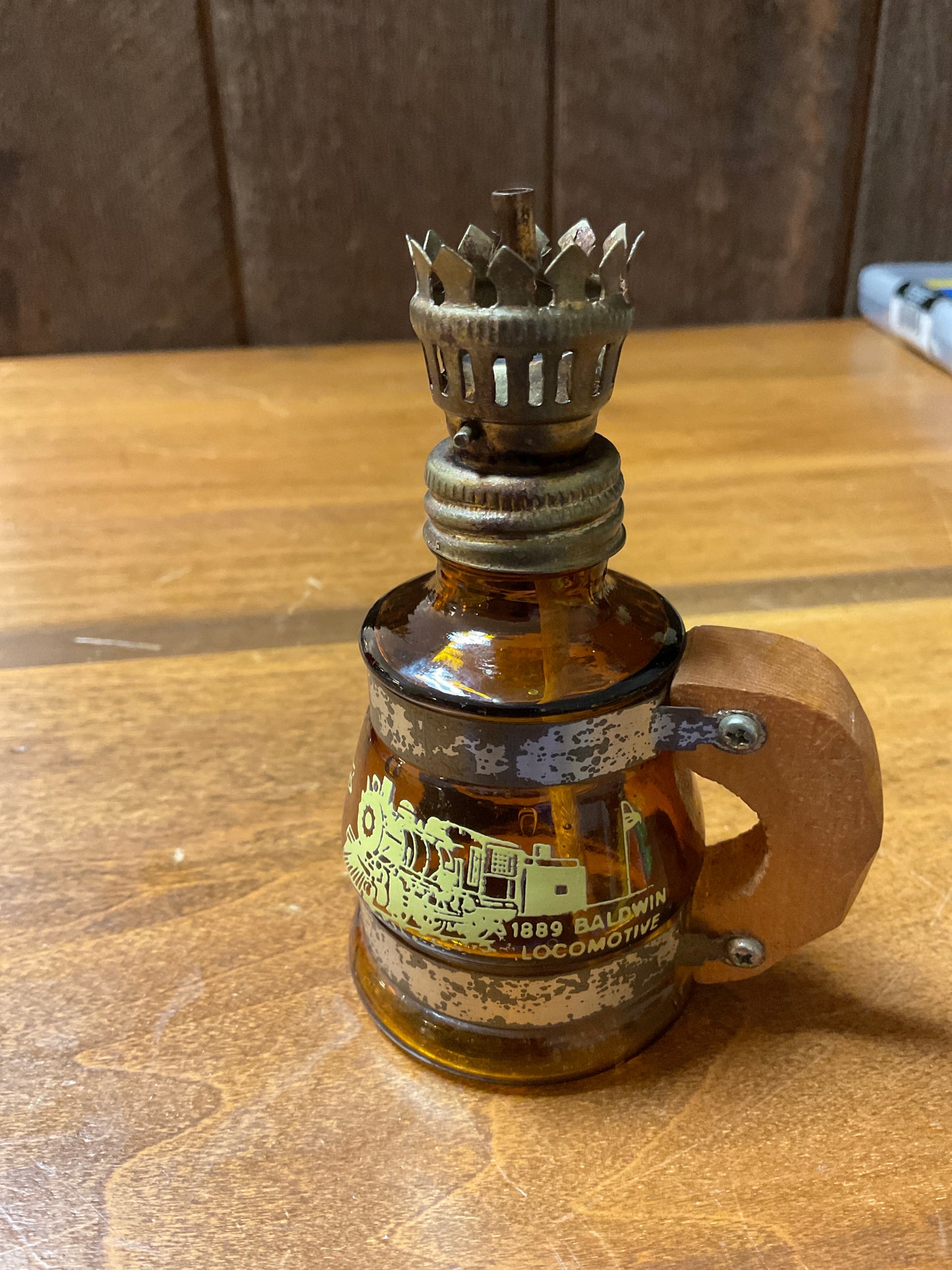 Vtg Mini Amber Oil Lamp w/Pioneer Village Scene. No chimney.