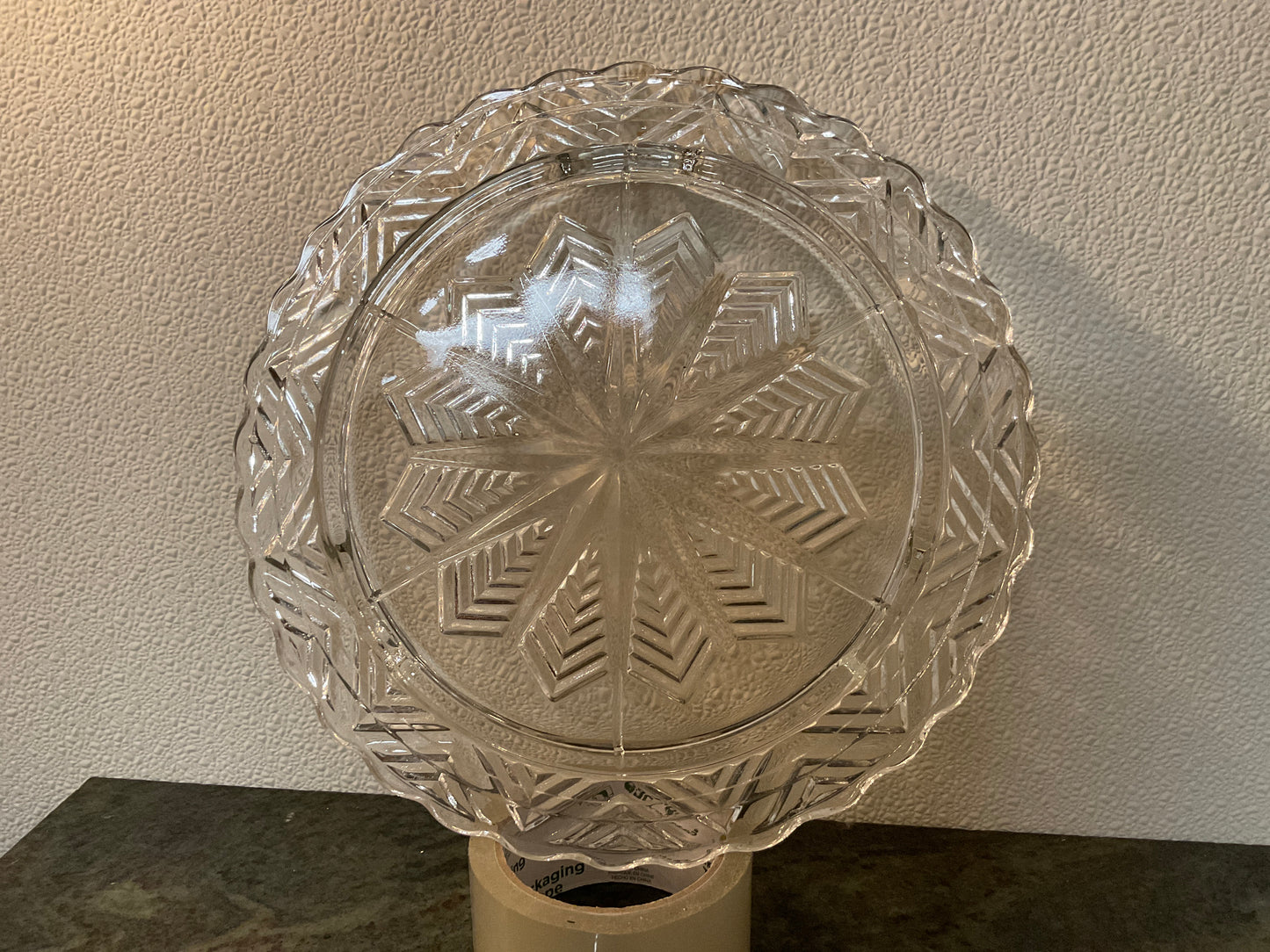 Vintage Etched Chevron Starburst Clear Glass Footed Cake Plate