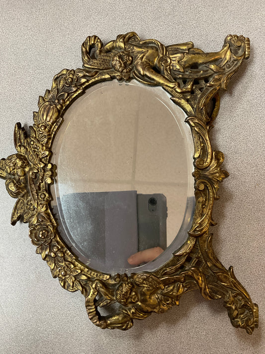 Vintage Gilded Cast Iron Frame Cherub Vanity Mirror