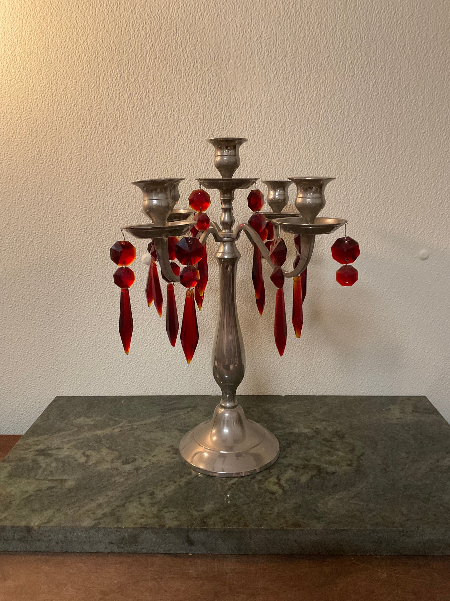 4 Arm Candelabra With Red Glass Prism