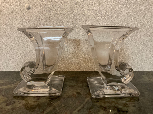 Set of 2 Vintage Martinsville Clear Glass Cornucopia Bookend Vase