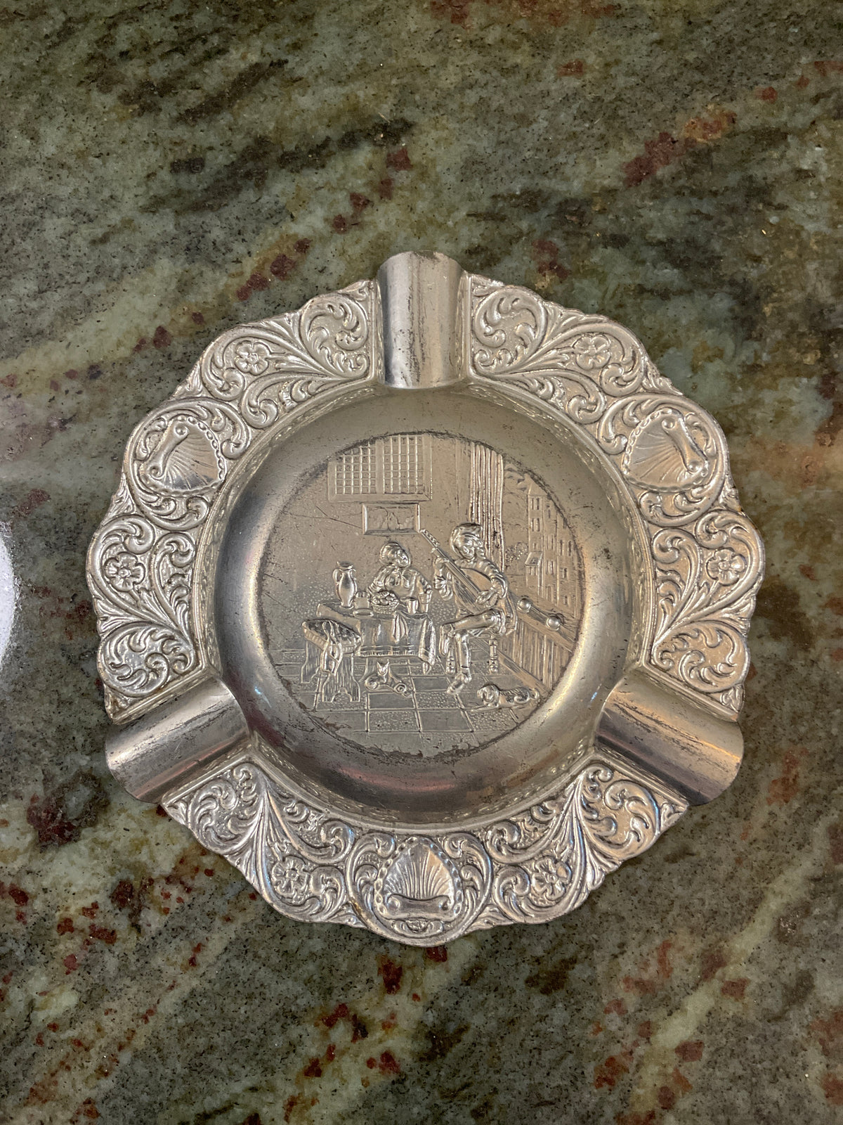 European Repousse Metal Ashtray/Silver Plate
