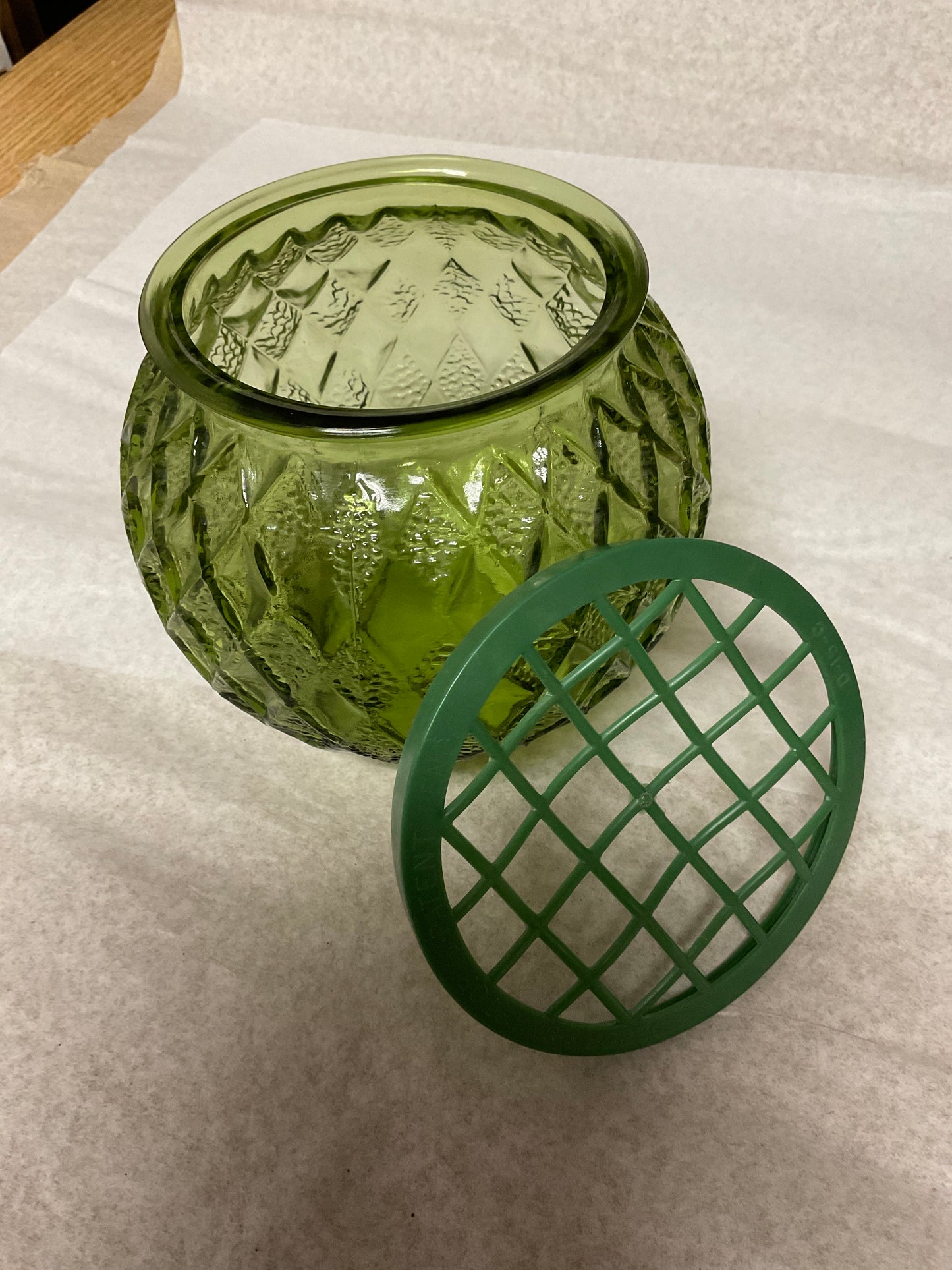 Vintage Avocado Green Round Glass Vase in textured diamond pattern with plastic flower grid/holder