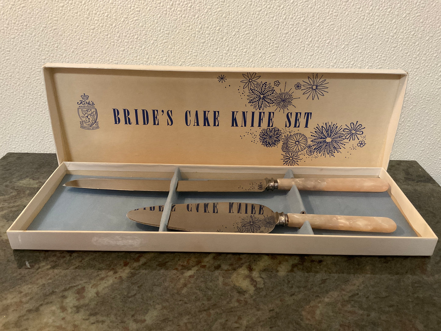 Bride’s Cake Knife Set by Kirk’s Forged Stainless/Sheffield Cutlery w/Plastic Mother of Pearl Handles