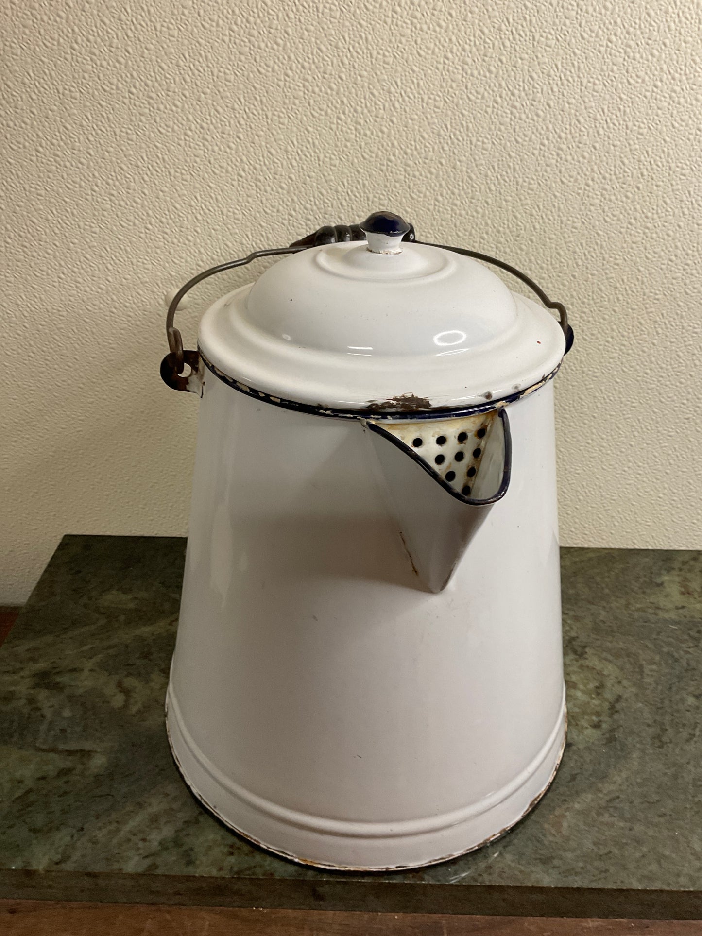 Vintage White Enamel Cowboy Coffee Pot/Kettle