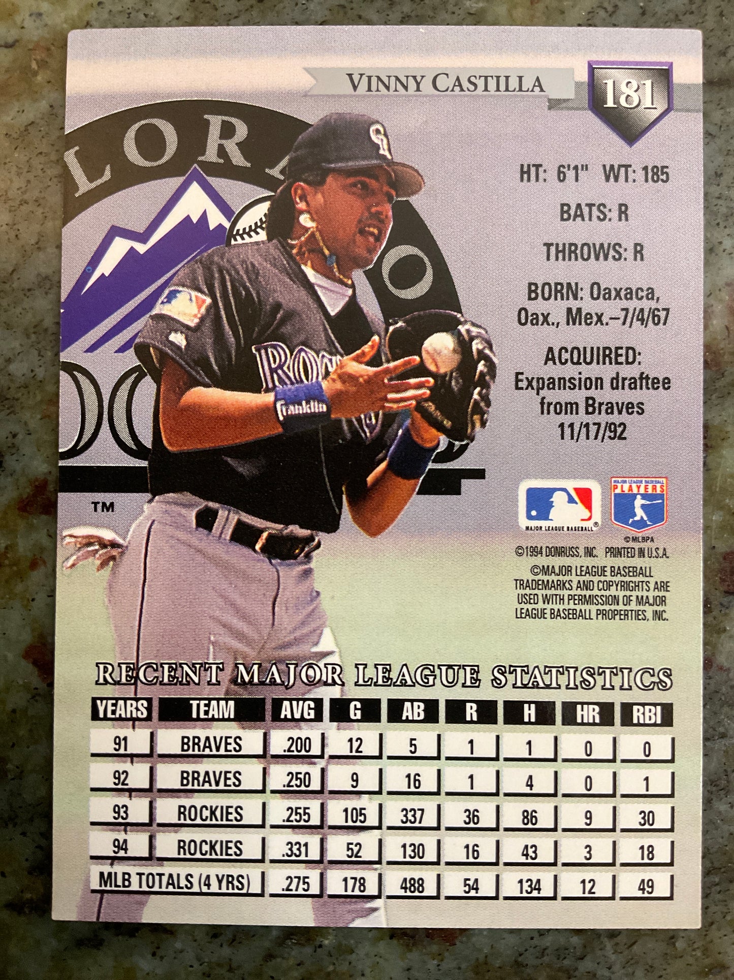 Vinny Castilla 1994 Donruss Baseball Card