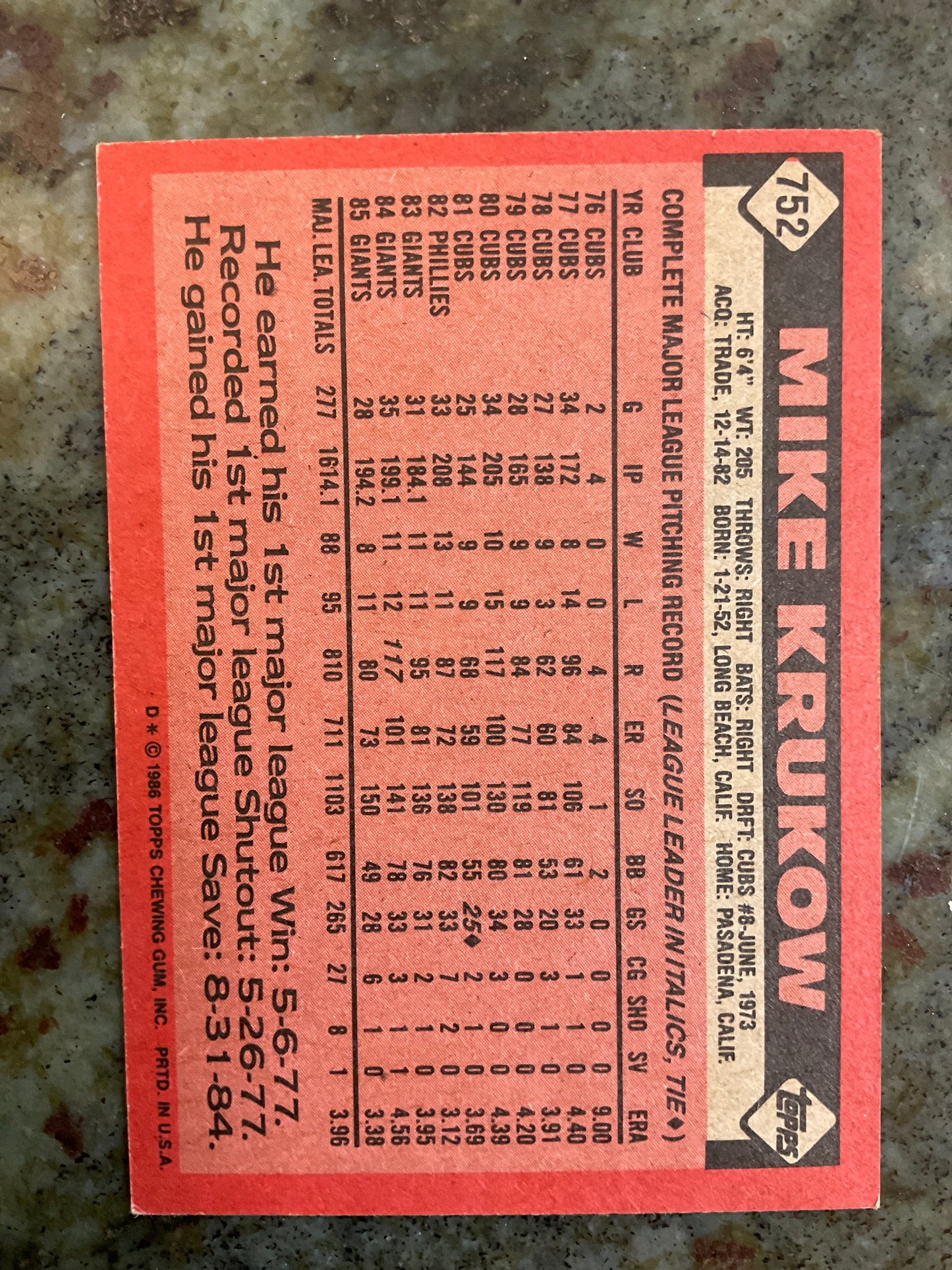 Mike Krukow 1986 Topps Baseball Card