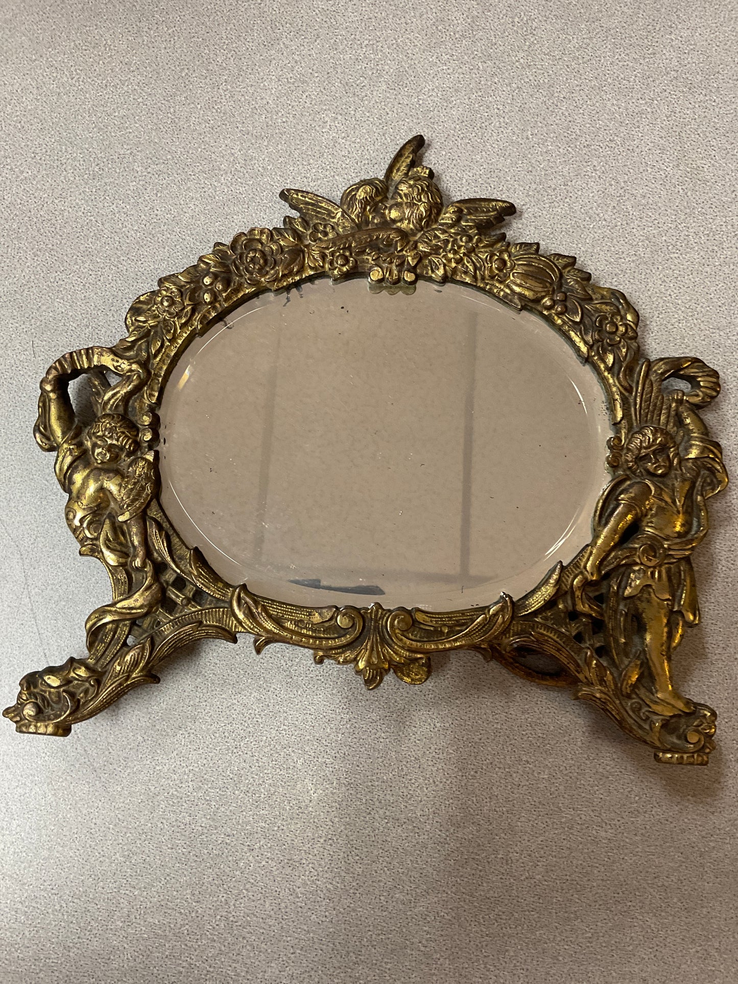 Vintage Gilded Cast Iron Frame Cherub Vanity Mirror