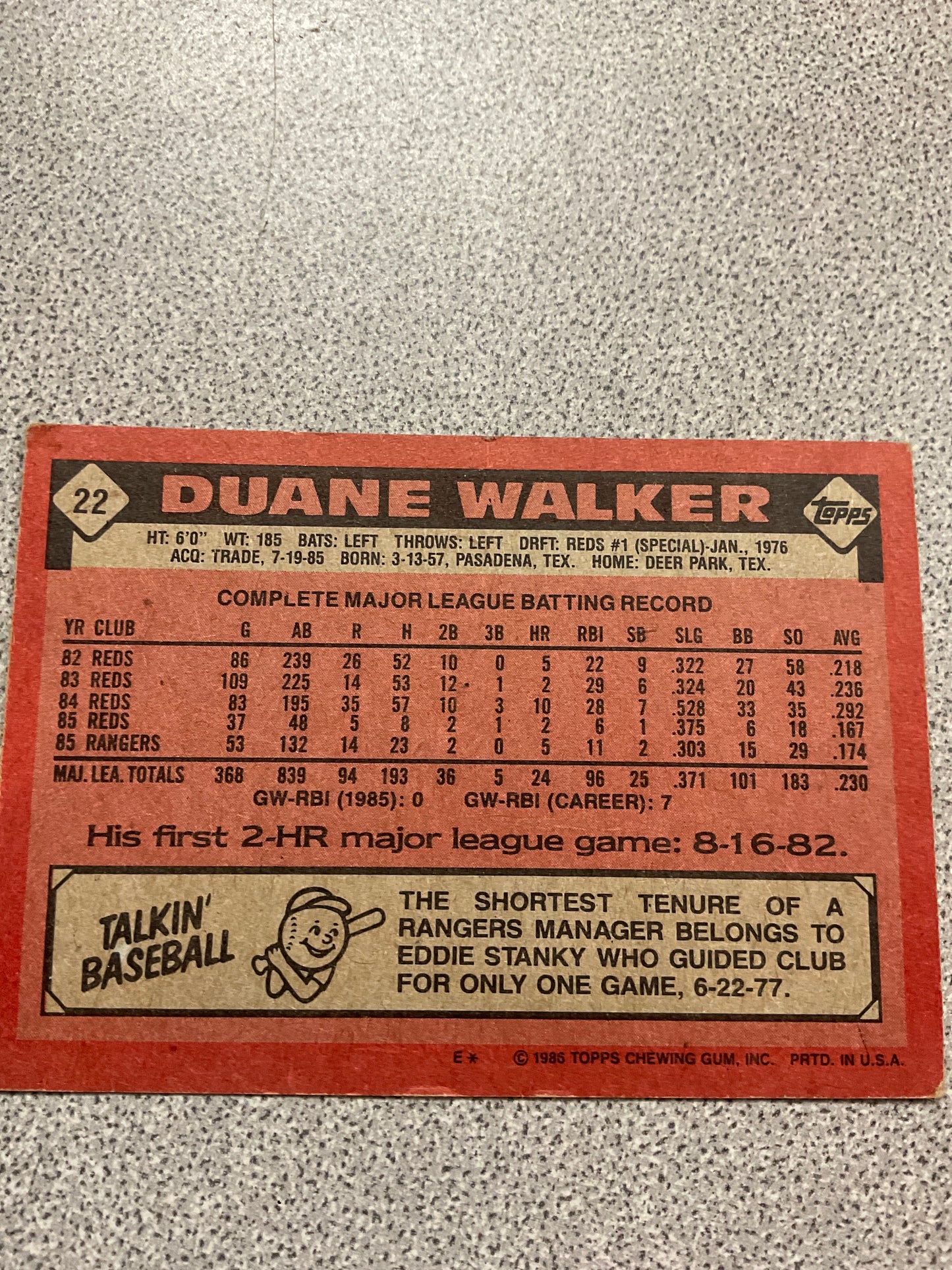 Baseball Card Duane Walker