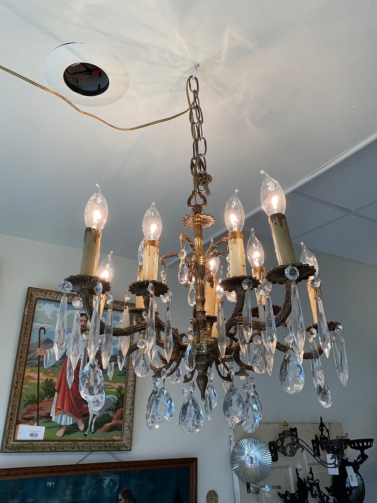 Vintage Brass and Glass Crystal Chandelier