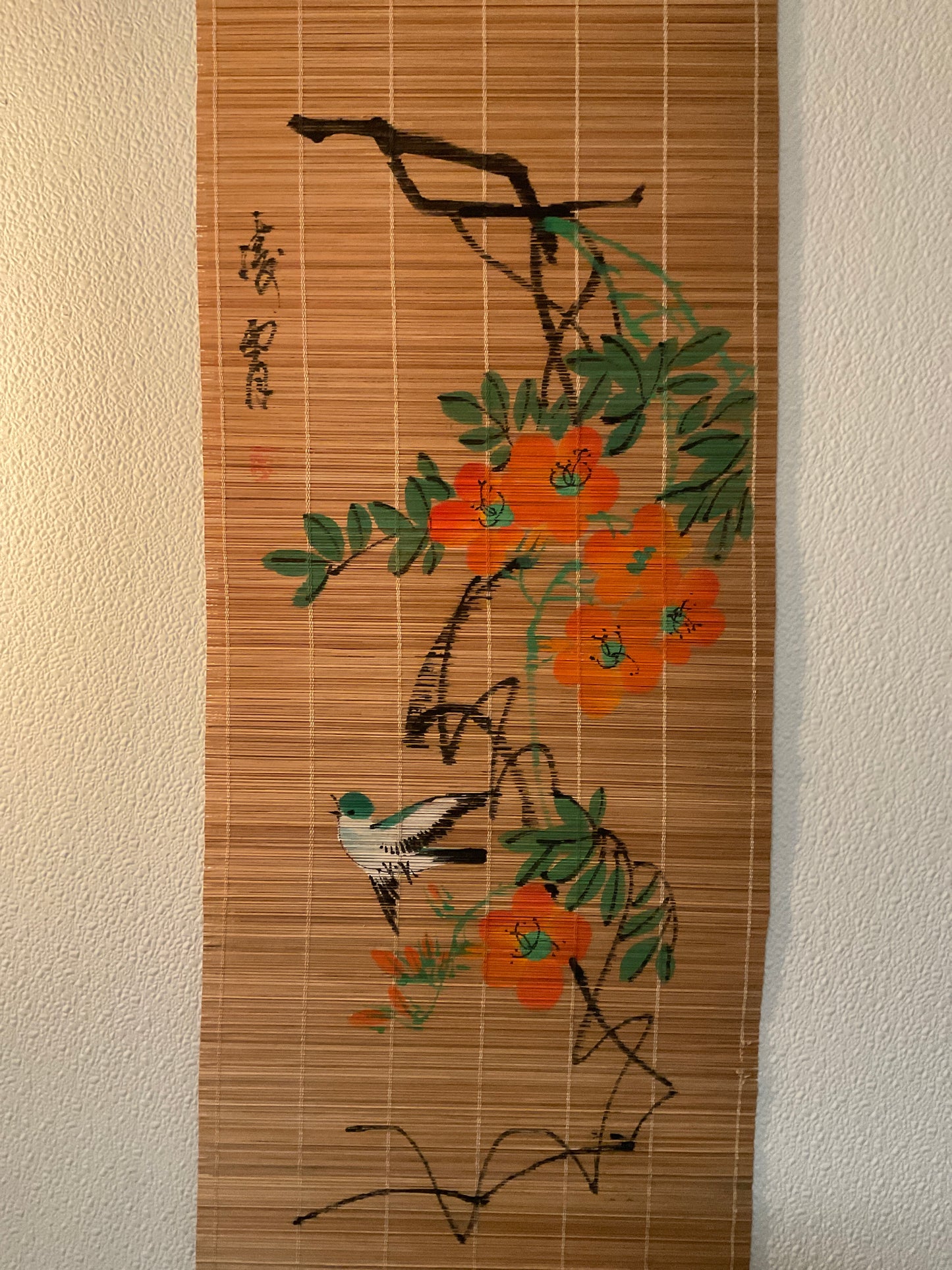 Vintage Chinese Bamboo Bird And Flowers Scroll Signed