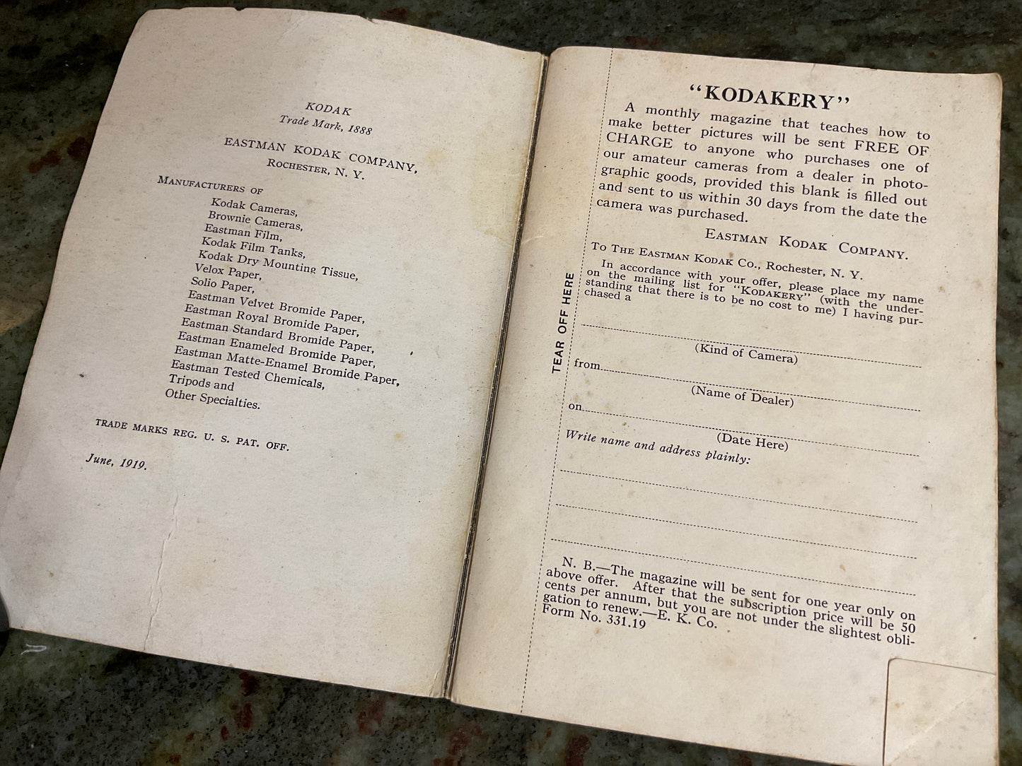 1919 Kodak Junior Camera Instruction Book