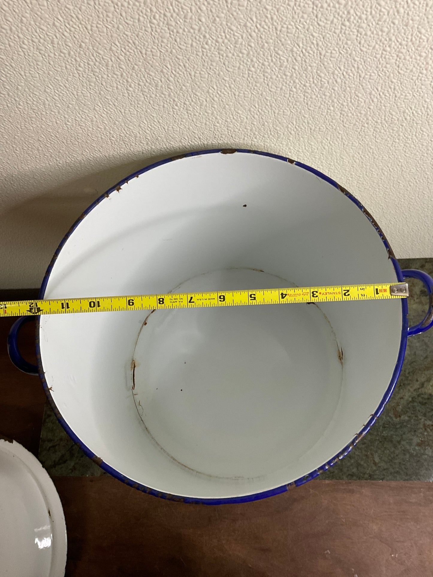 Vintage White Enamel Bread Pot with Blue Rim
