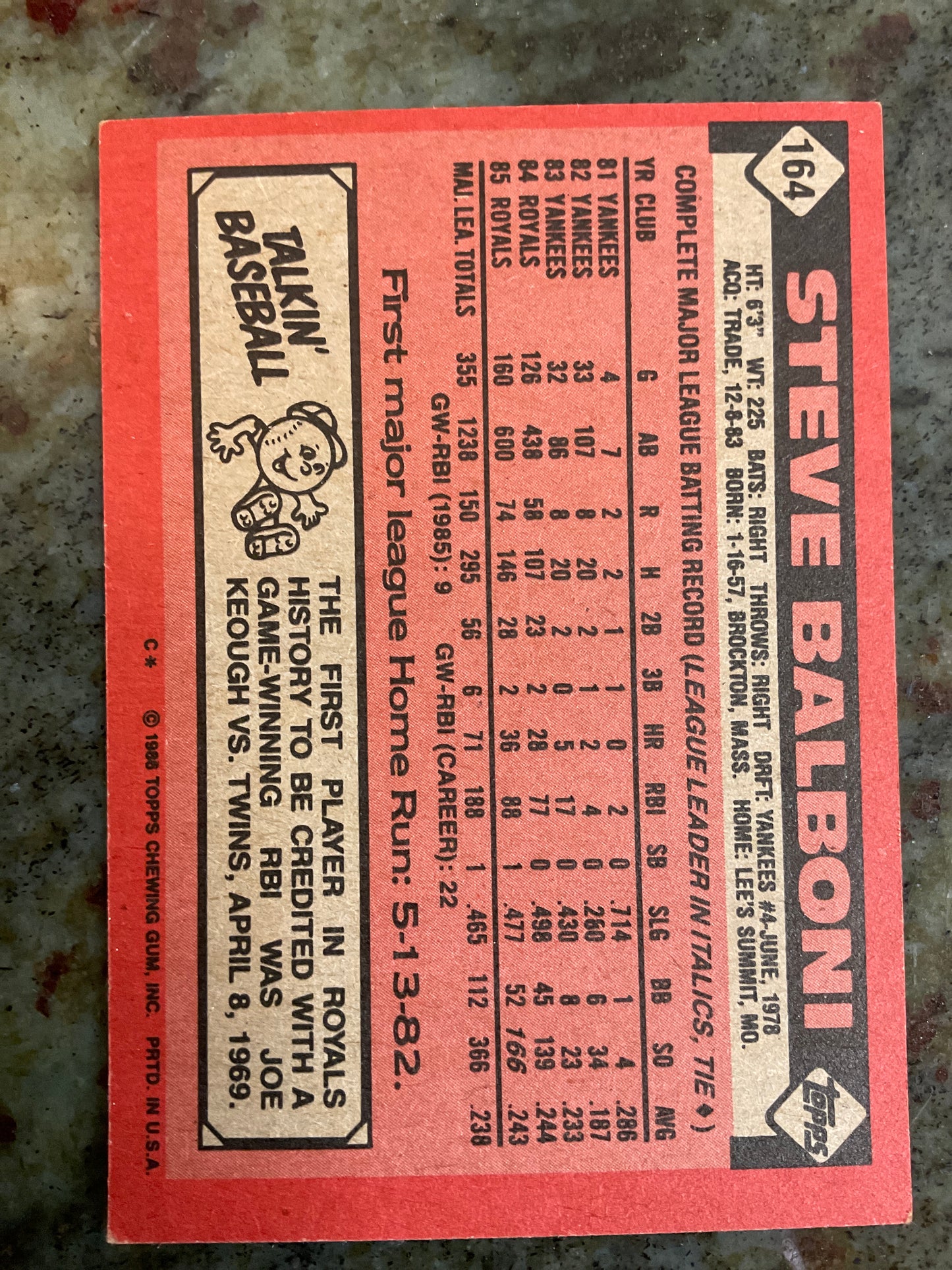 Steve Balboni 1985 Topps Baseball Card