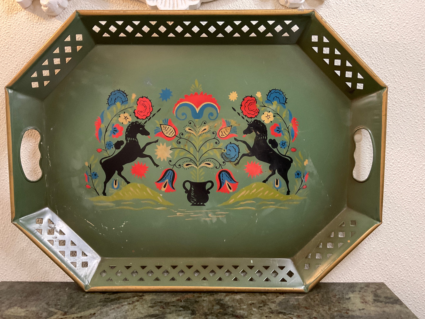 Nashco Folk Art Unicorn Metal Tray