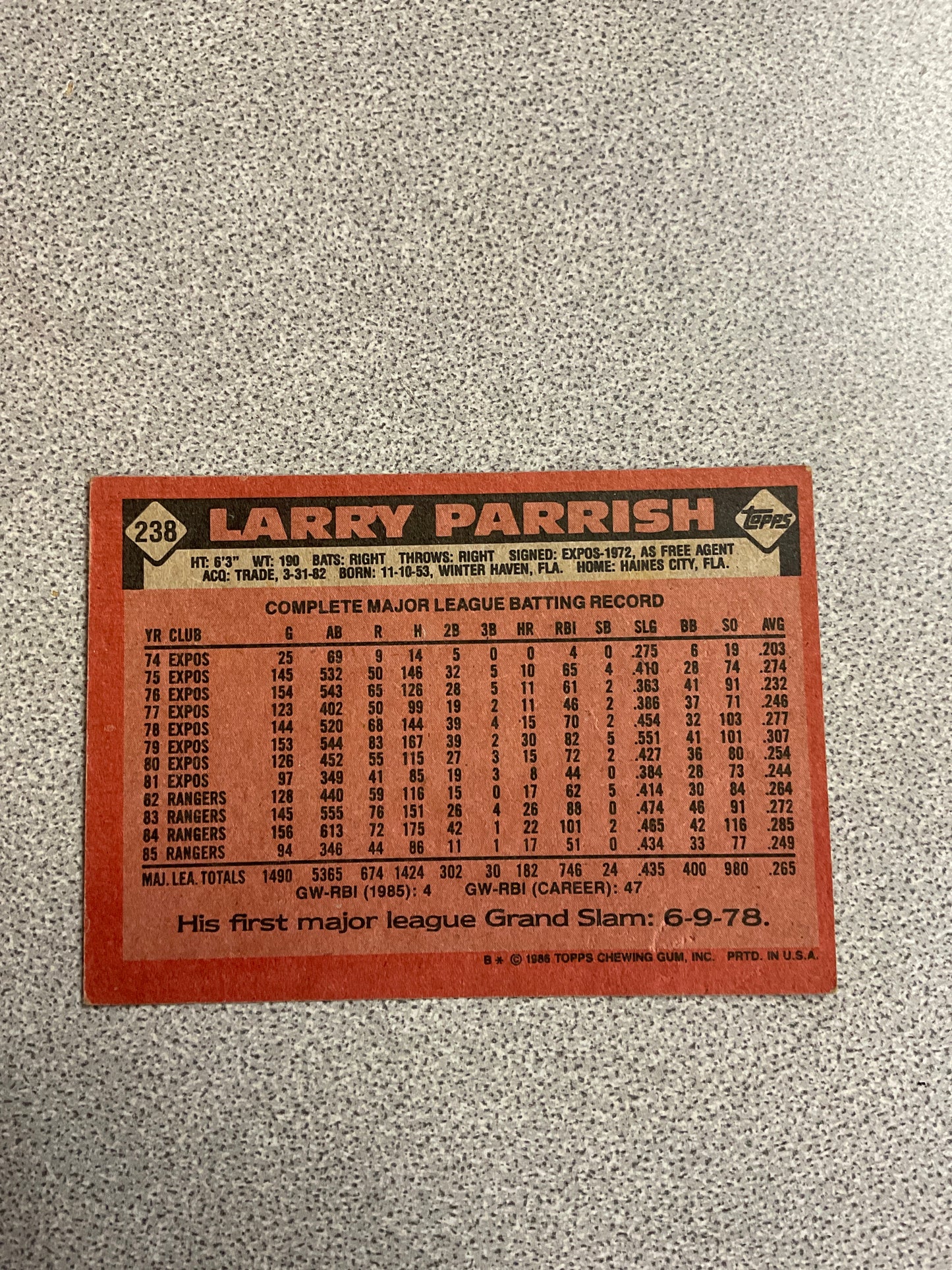 Baseball Card-Larry Parrish
