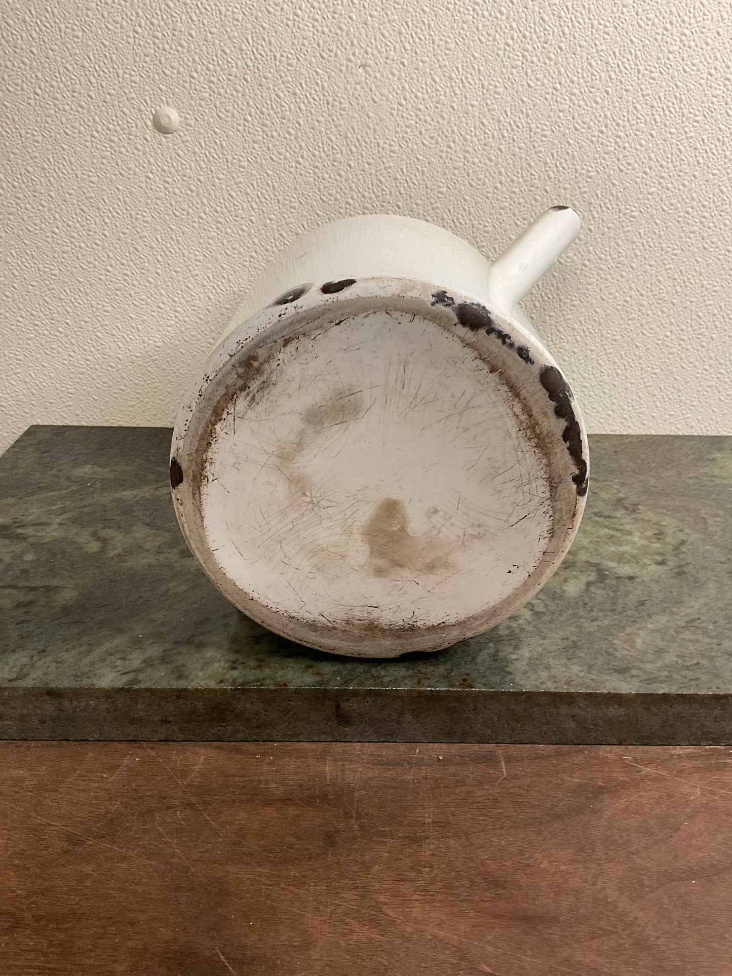 Antique White Enamel Coffee Pot/Tea Kettle with Blue Rim