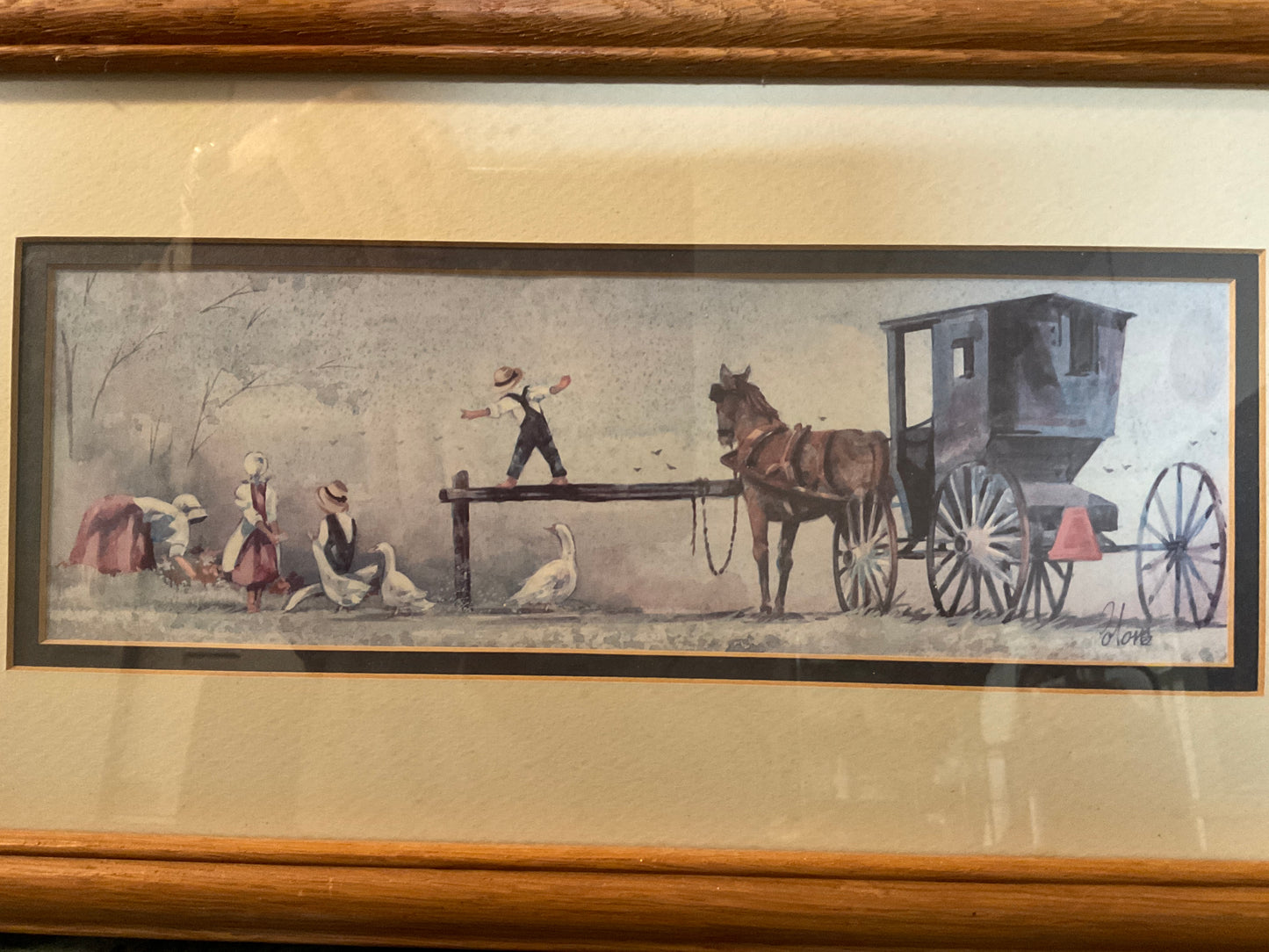 Amish Buggy w/Children Playing Double Matted Framed Picture
