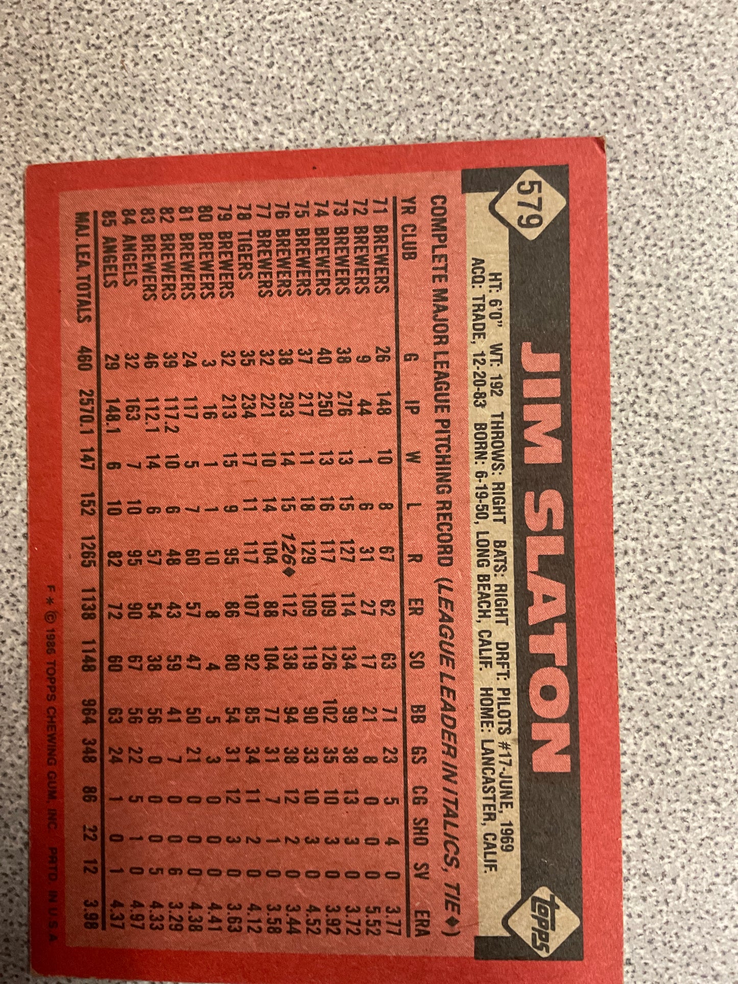Baseball Card Jim Slaton