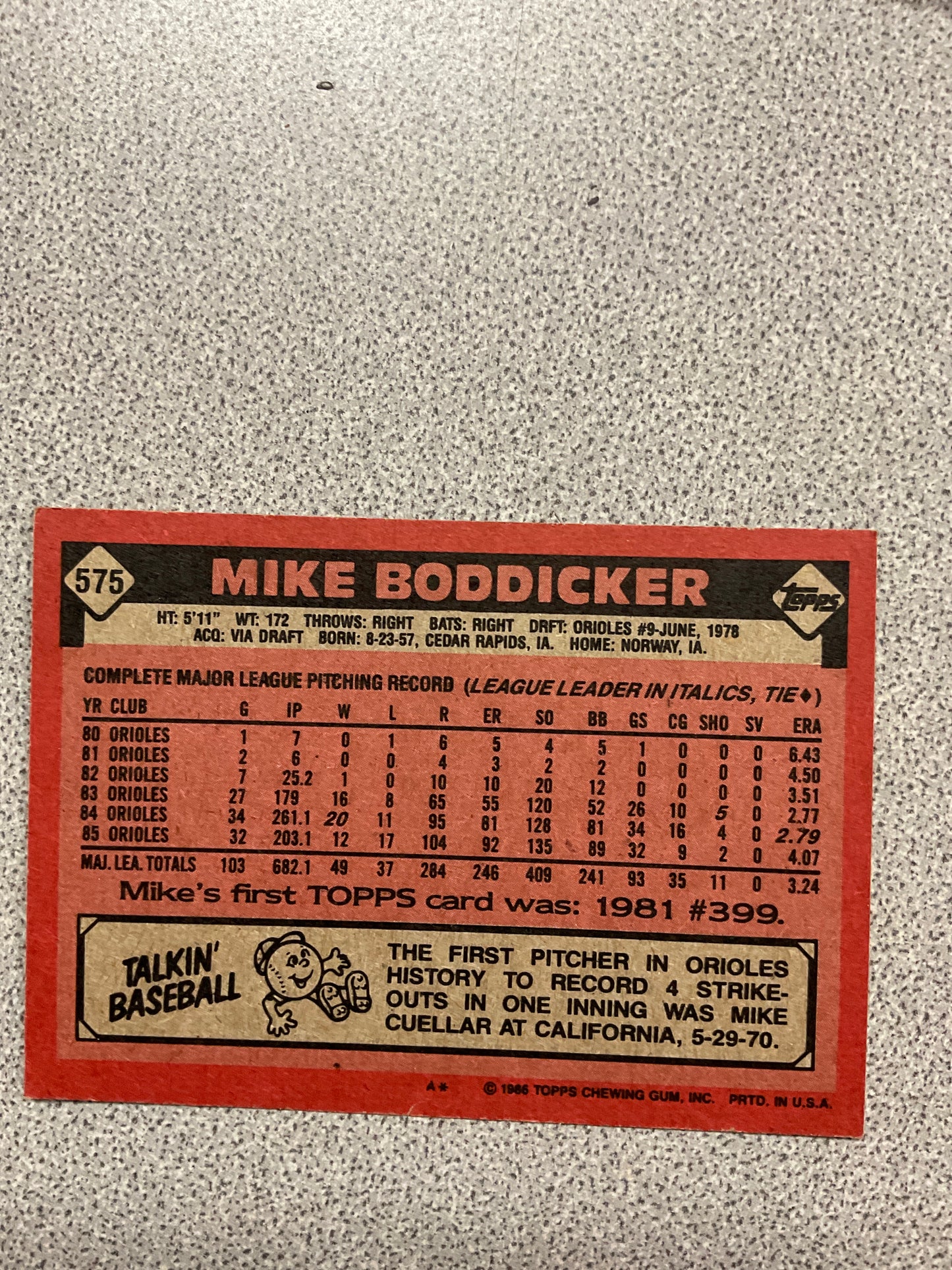 Baseball Card Mike Boddicker