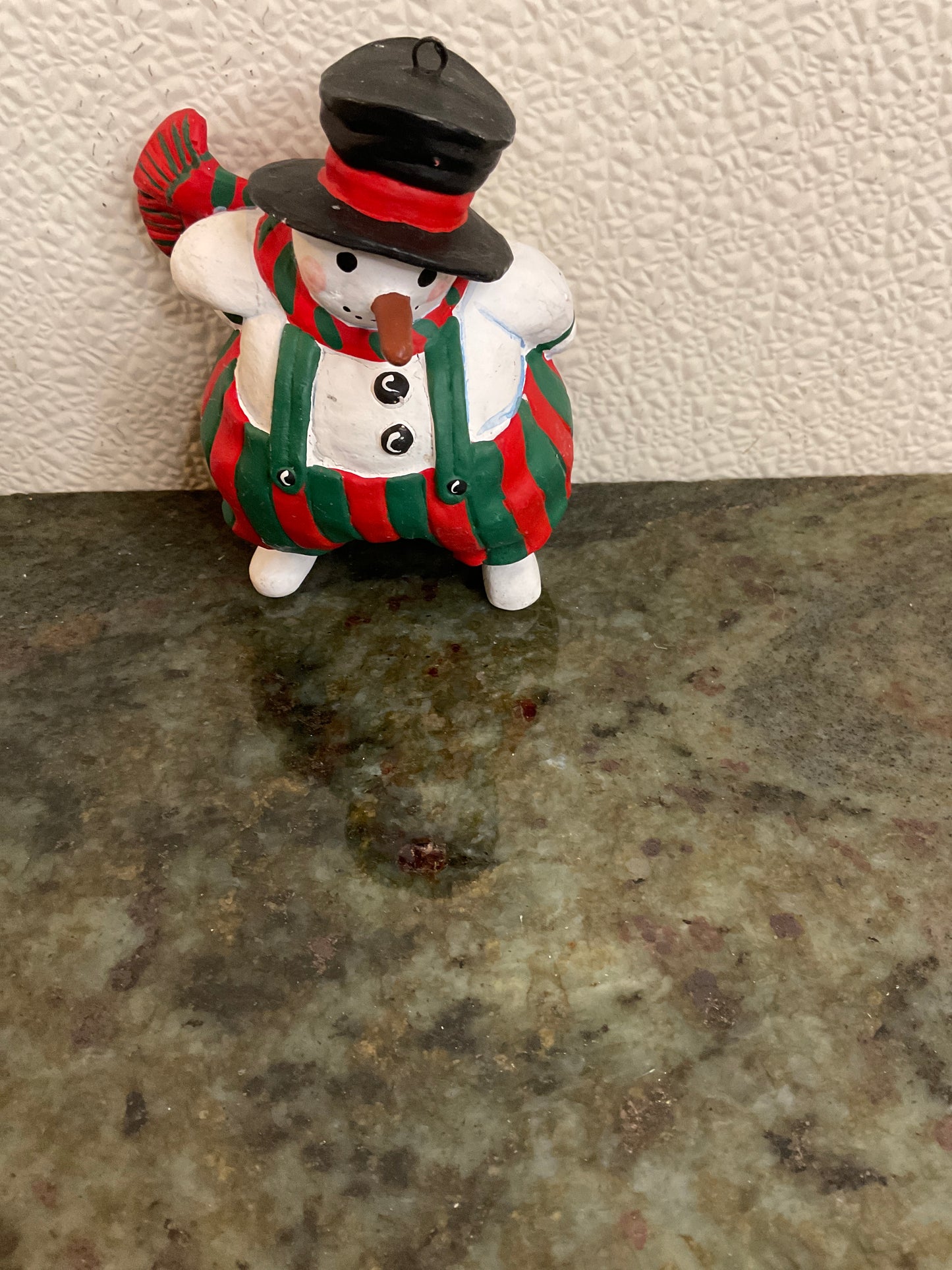 Snowman Ornament with Green and Red striped Pants and Scarf