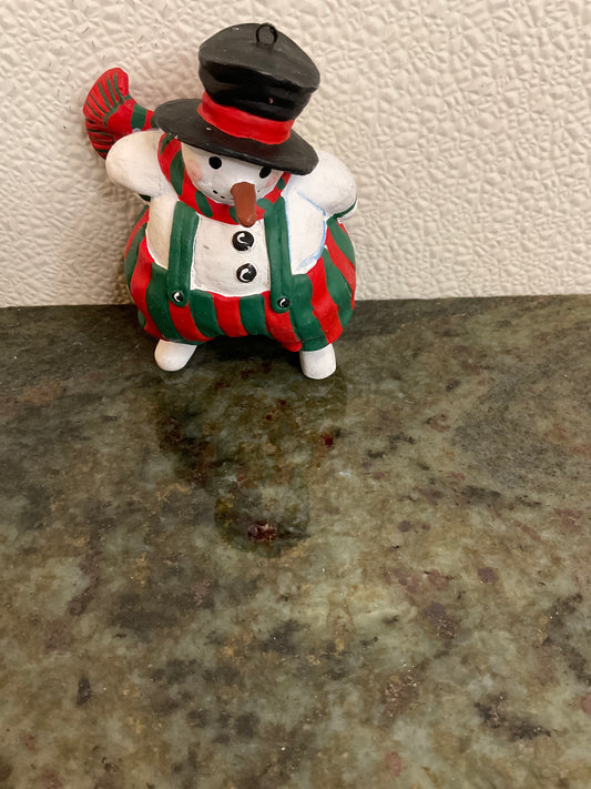 Snowman Ornament with Green and Red striped Pants and Scarf