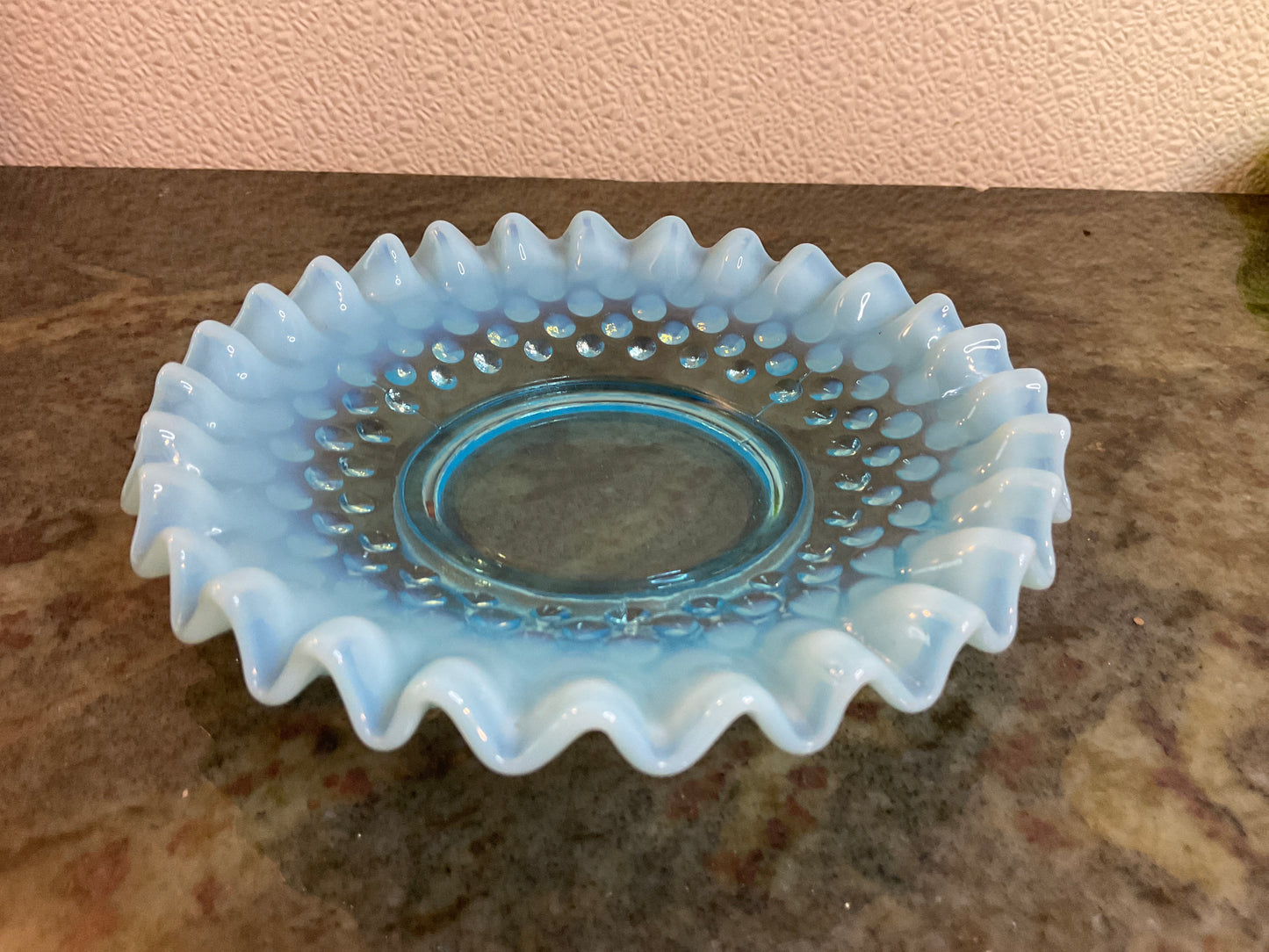 Vintage Fenton Blue Hobnail Opalescent Ruffled Dish