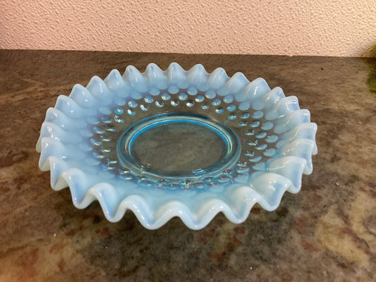 Vintage Fenton Blue Hobnail Opalescent Ruffled Dish