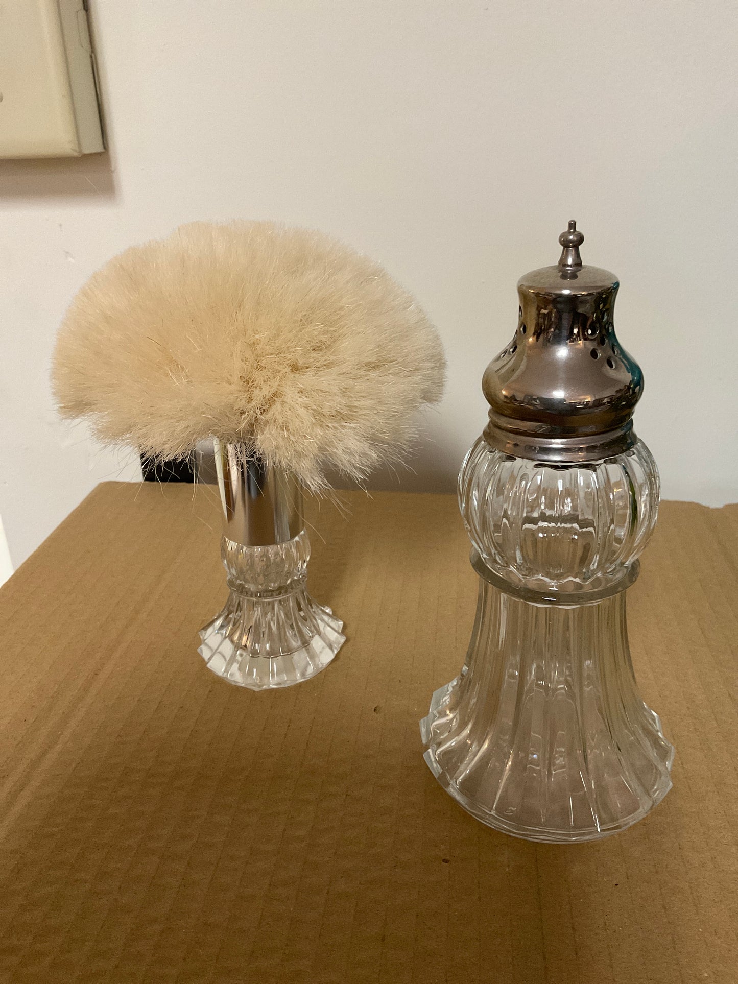 Vintage Empty Dusting Silk Bottle shaker and powder Brush. Set of two.