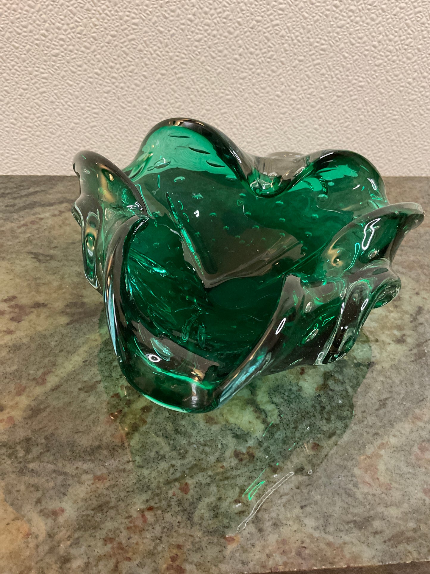 Vintage Murano Emerald Green 1950’s Contolled Bubble Glass Ashtray