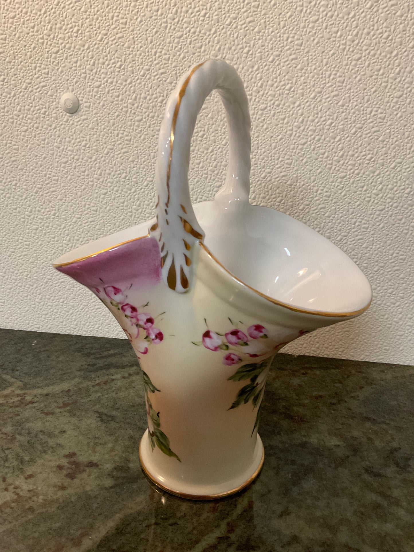 Limoges China Basket vase w/floral design