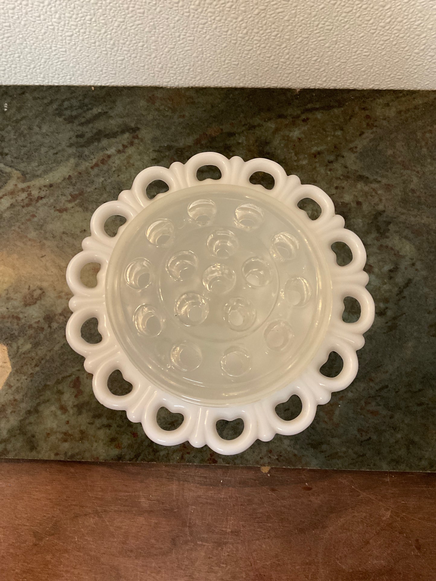 Vintage Anchor Hocking Milk Glass Pedestal Bowl, Old Colony With Glass Flower Frog