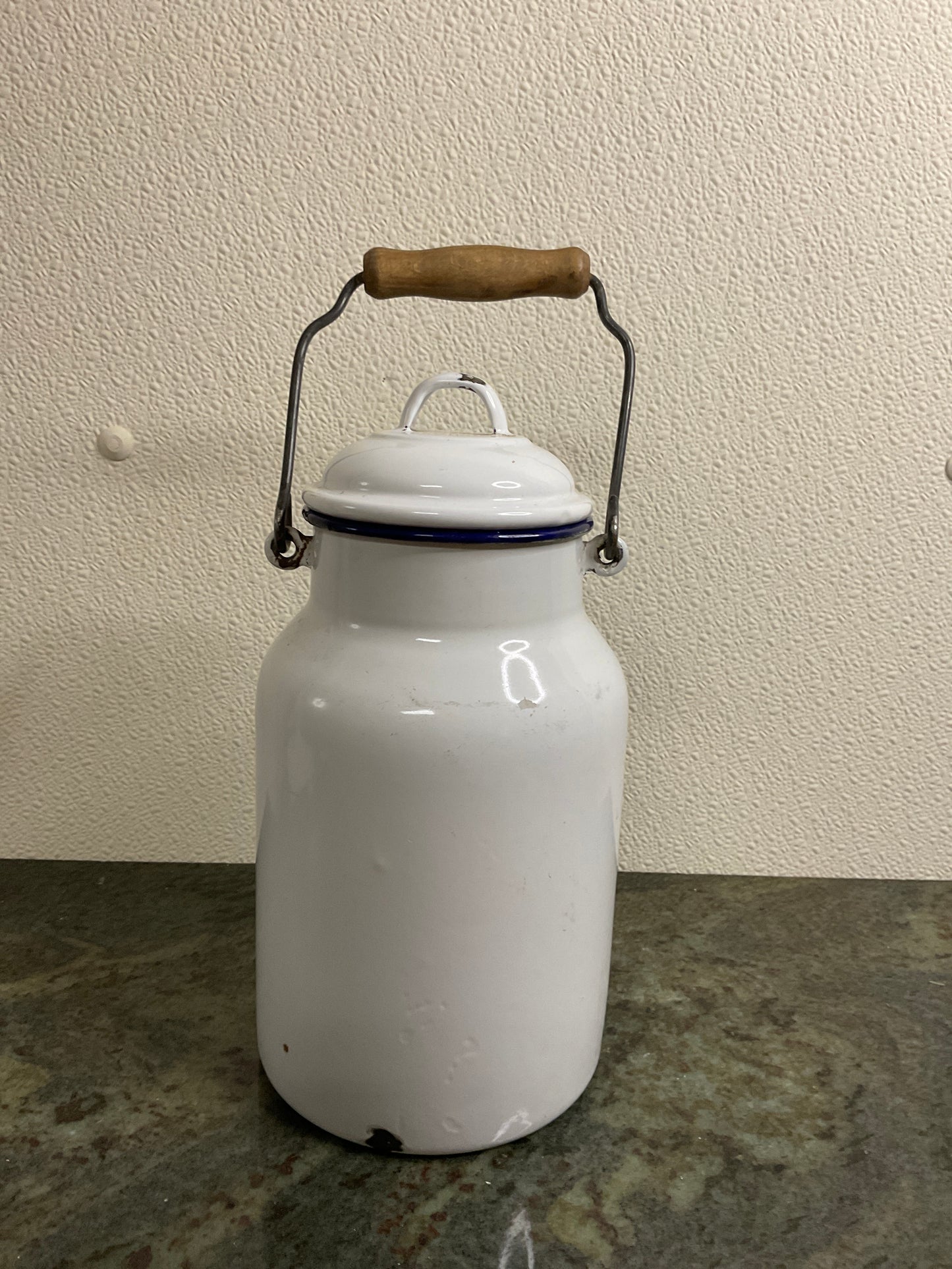 Vintage White & Blue Enamel Milk Can with Wooden Handle