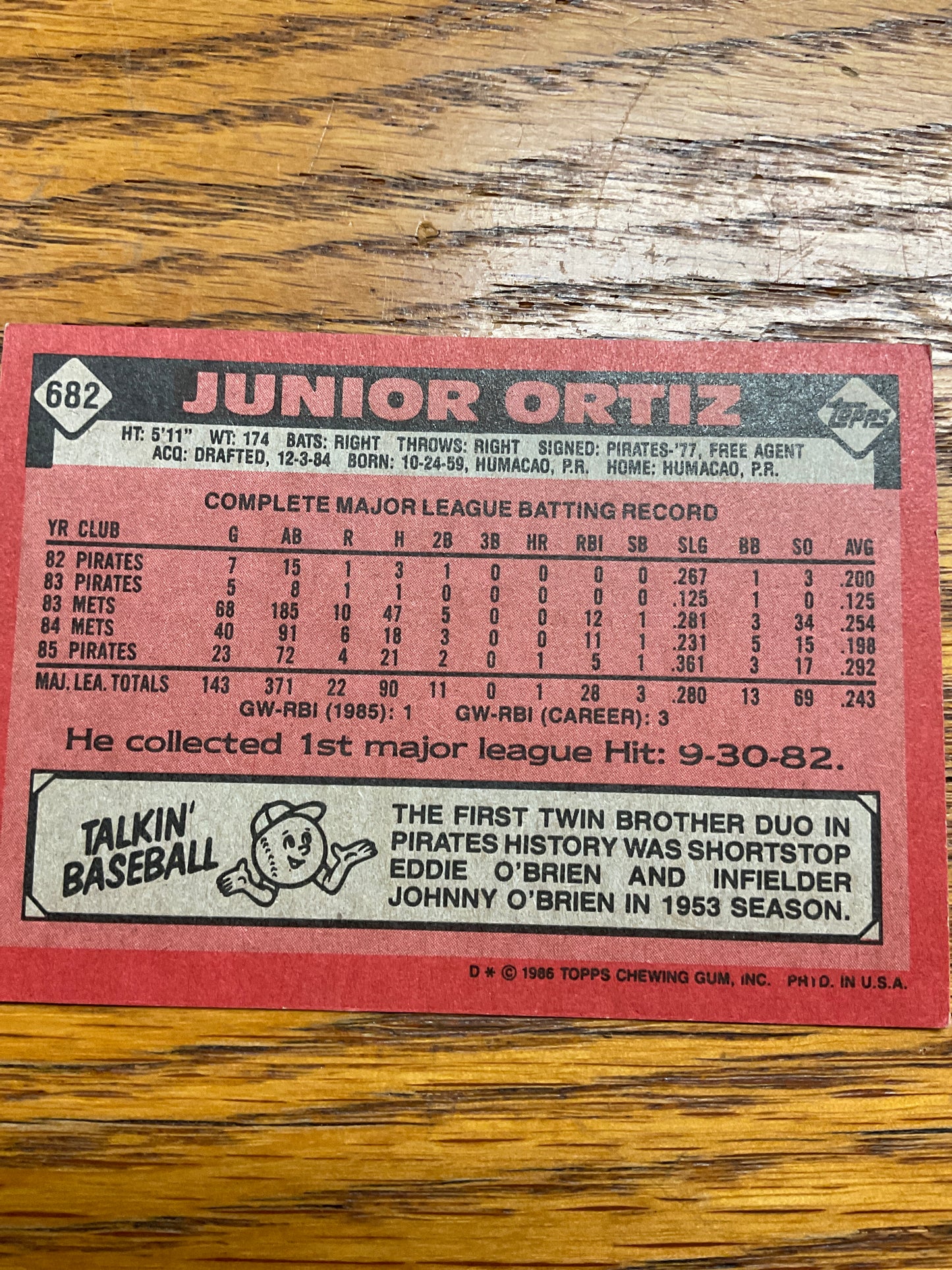 Baseball Card Junior Ortiz