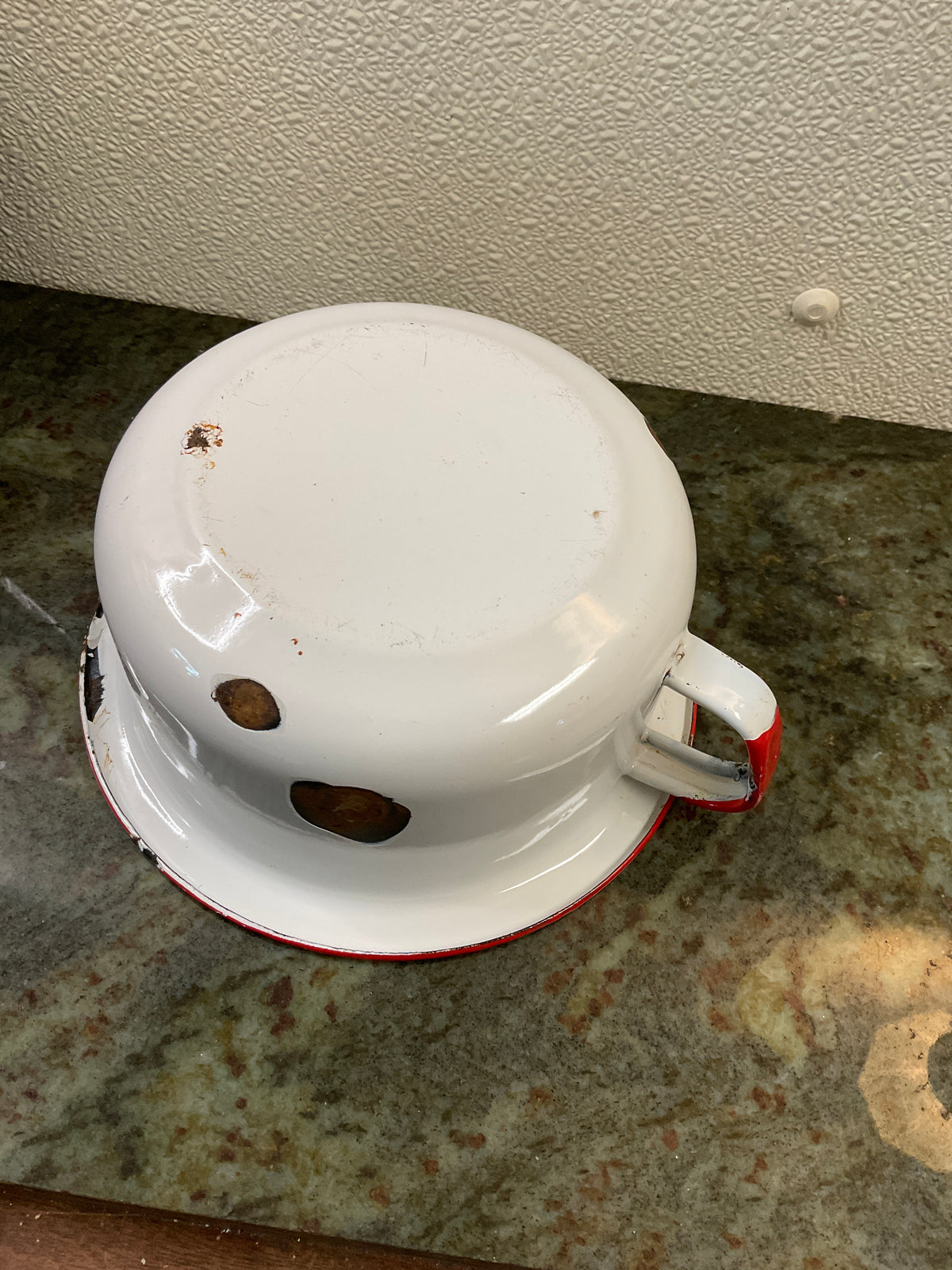 Vintage Red & White Small Enamel Bowl w/ Handle